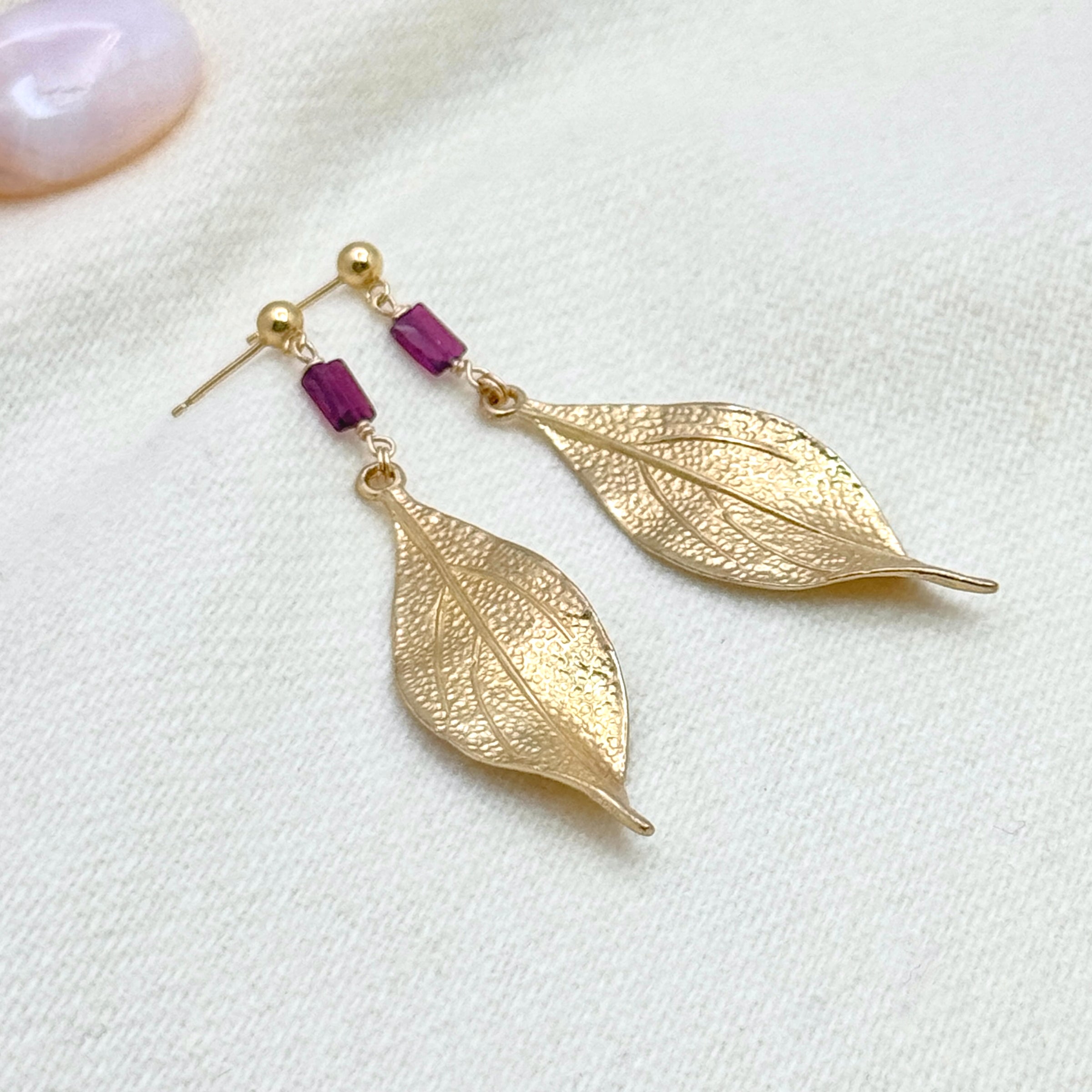 Garnet & Textured Leaf Statement Earrings