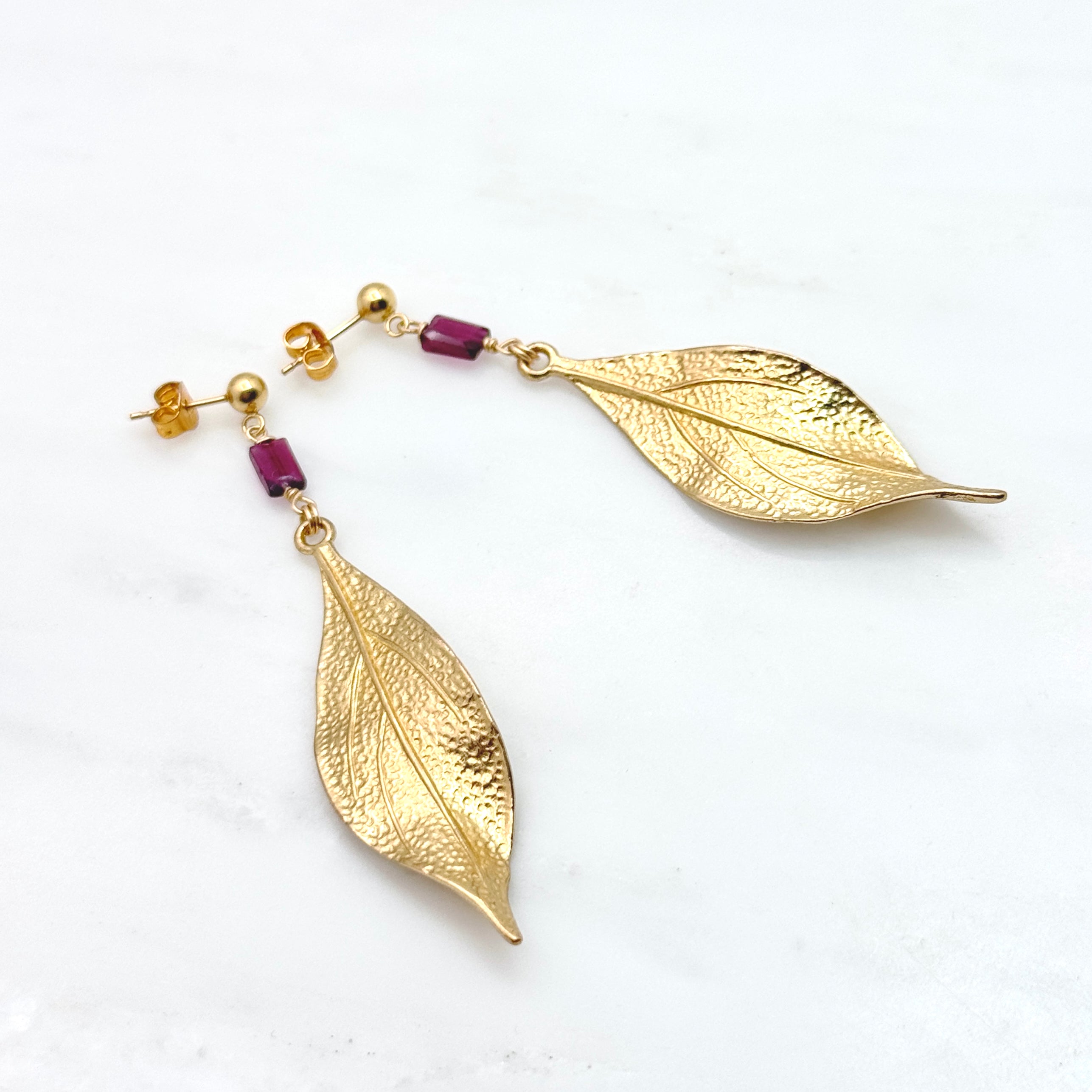 Garnet & Textured Leaf Statement Earrings