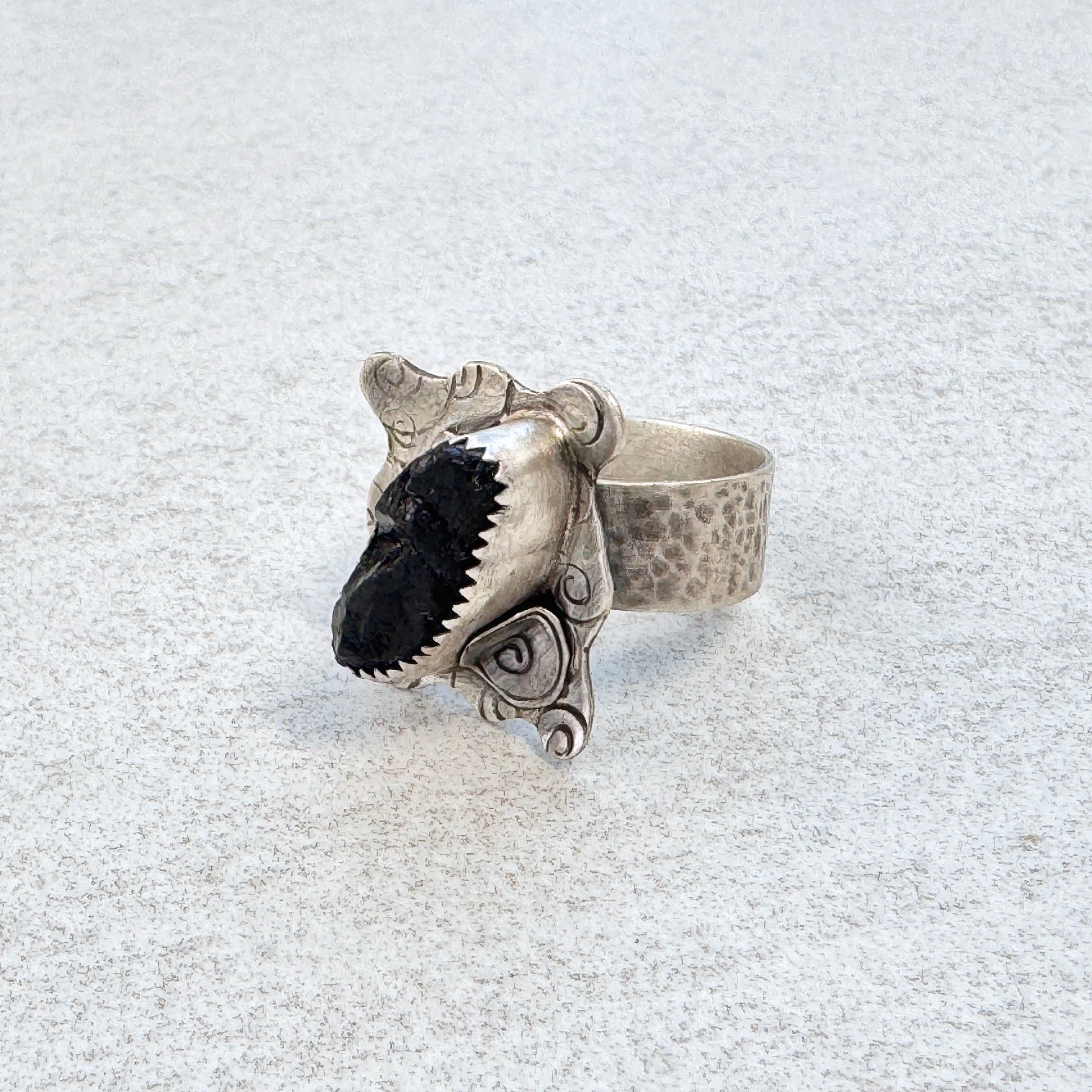 Black Rough Tourmaline Silver Statement Ring