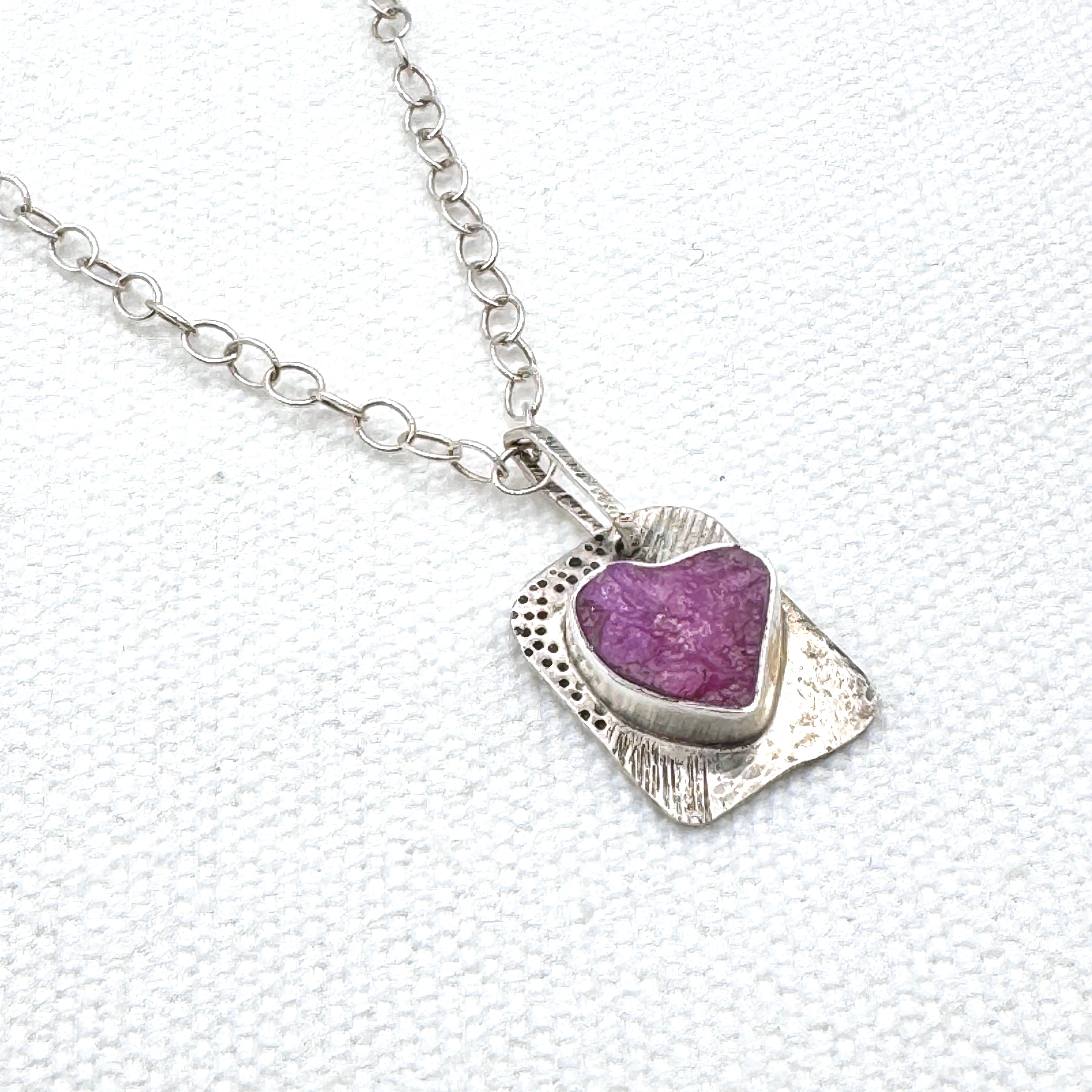 Rough Ruby Heart Silver Pendant Necklace
