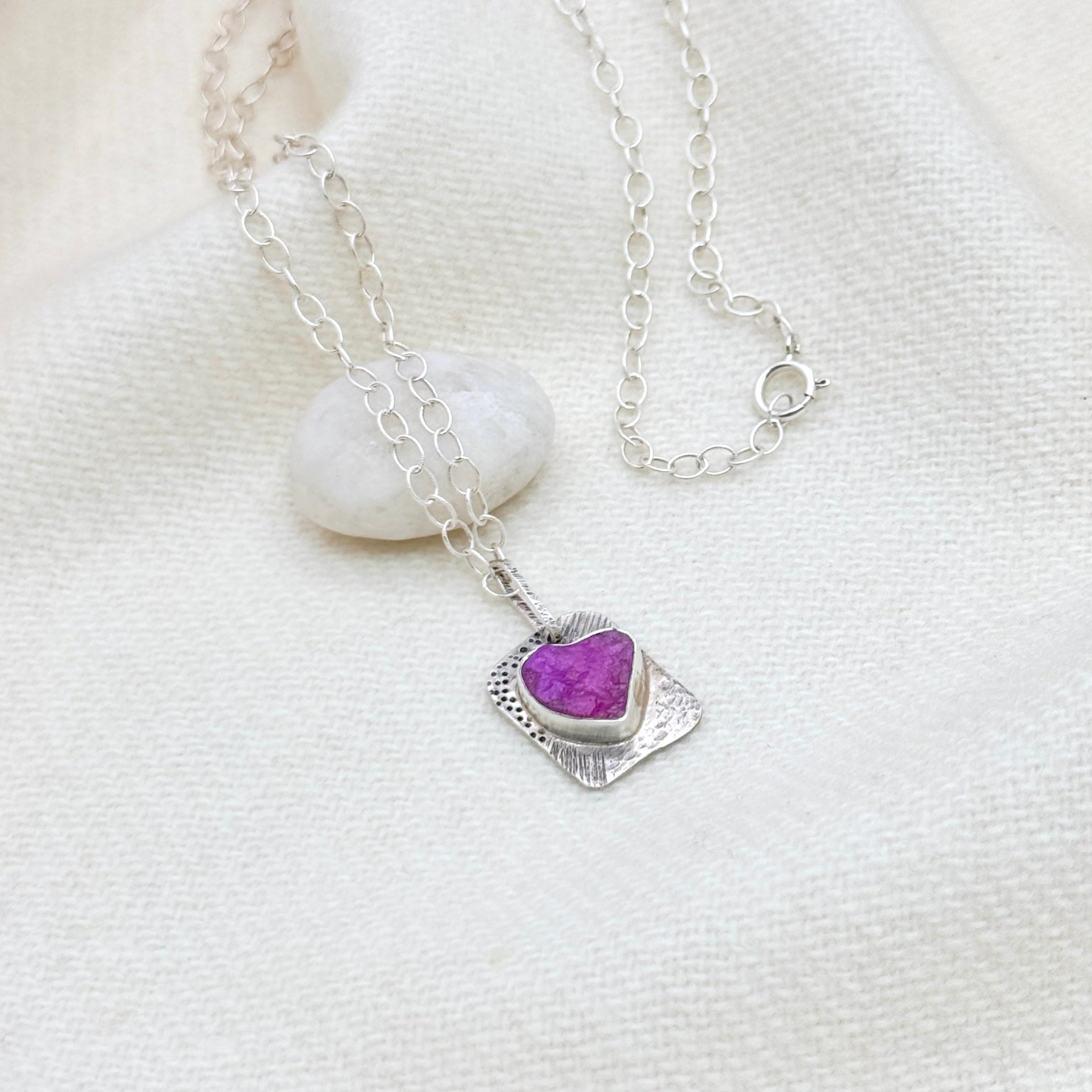 Rough Ruby Heart Silver Pendant Necklace