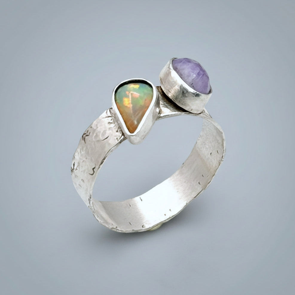 Ethiopian Fire Opal & Amethyst Silver Ring