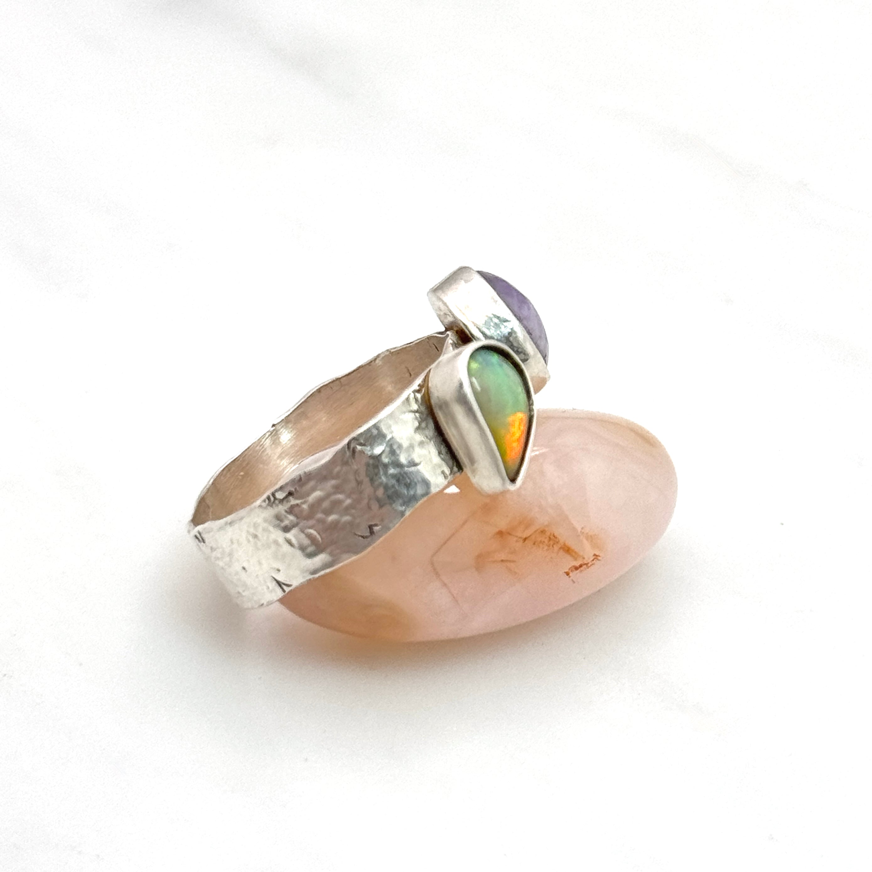 Ethiopian Fire Opal & Amethyst Silver Ring