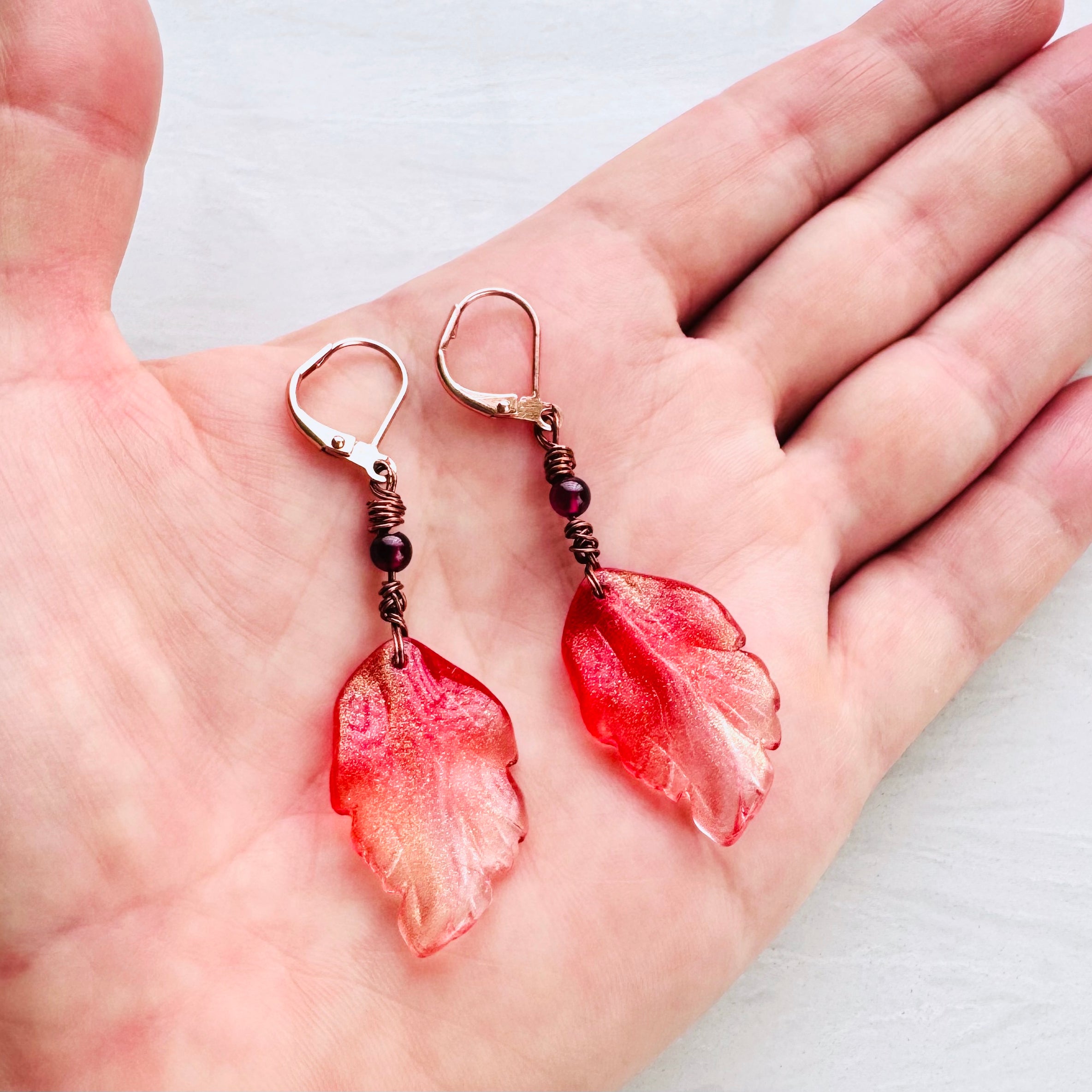 Copper Autumn Leaf Garnet Drop Earrings