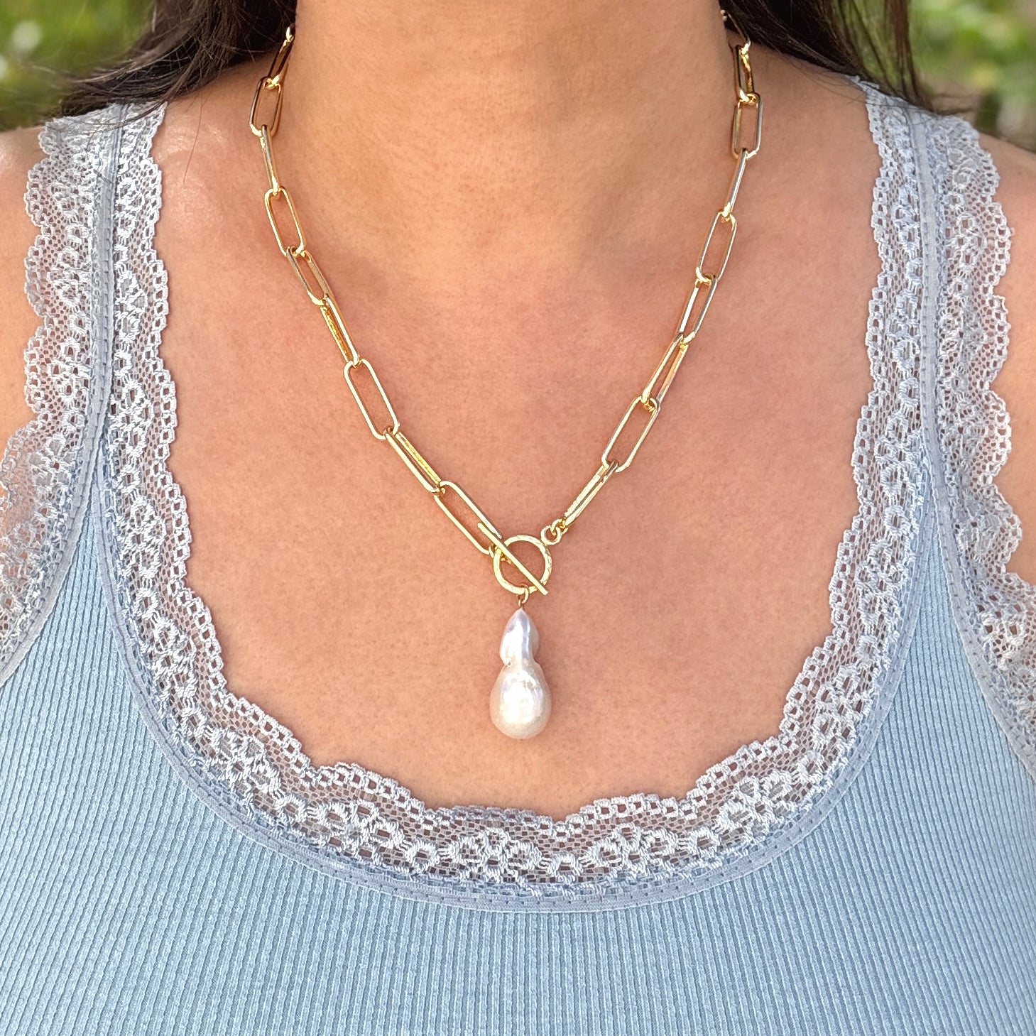 Large White Baroque Pearl Toggle Necklace