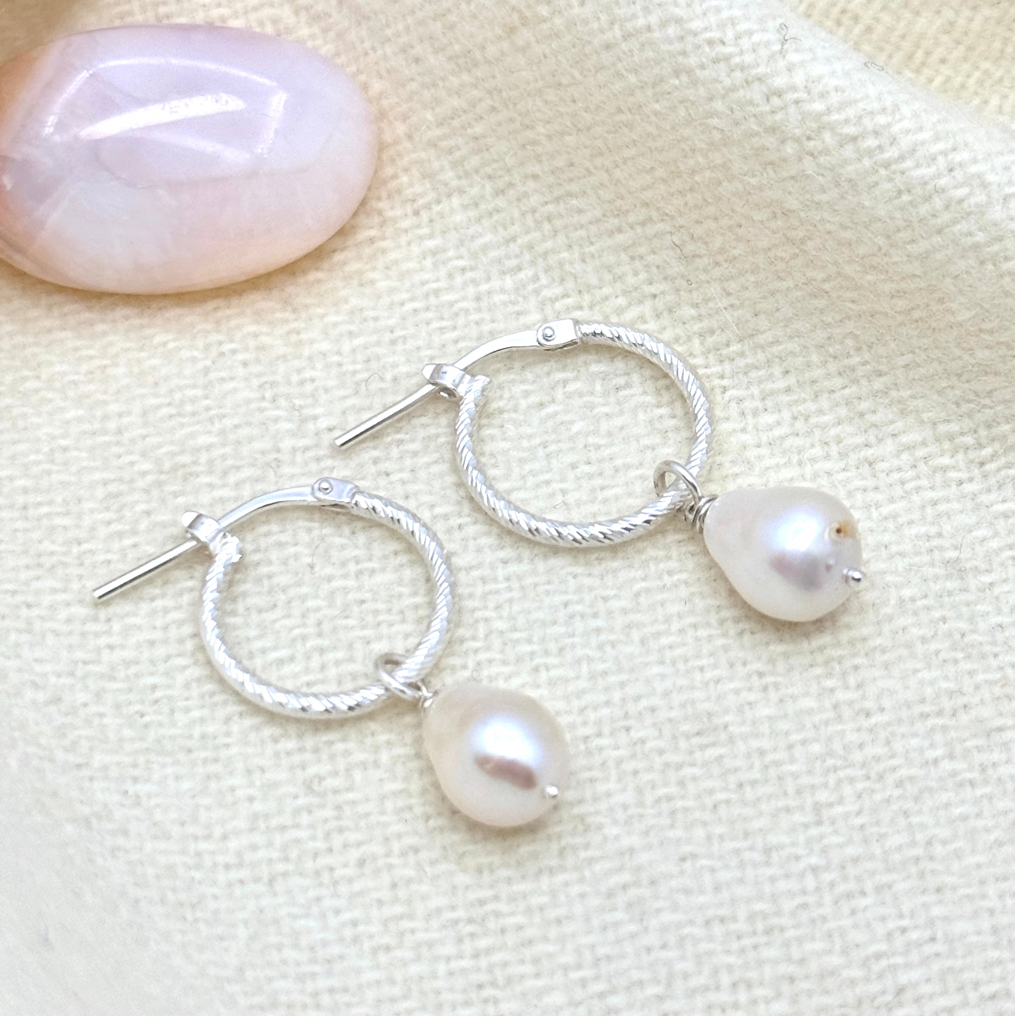 White Pearl Sterling Silver Twisted Huggies