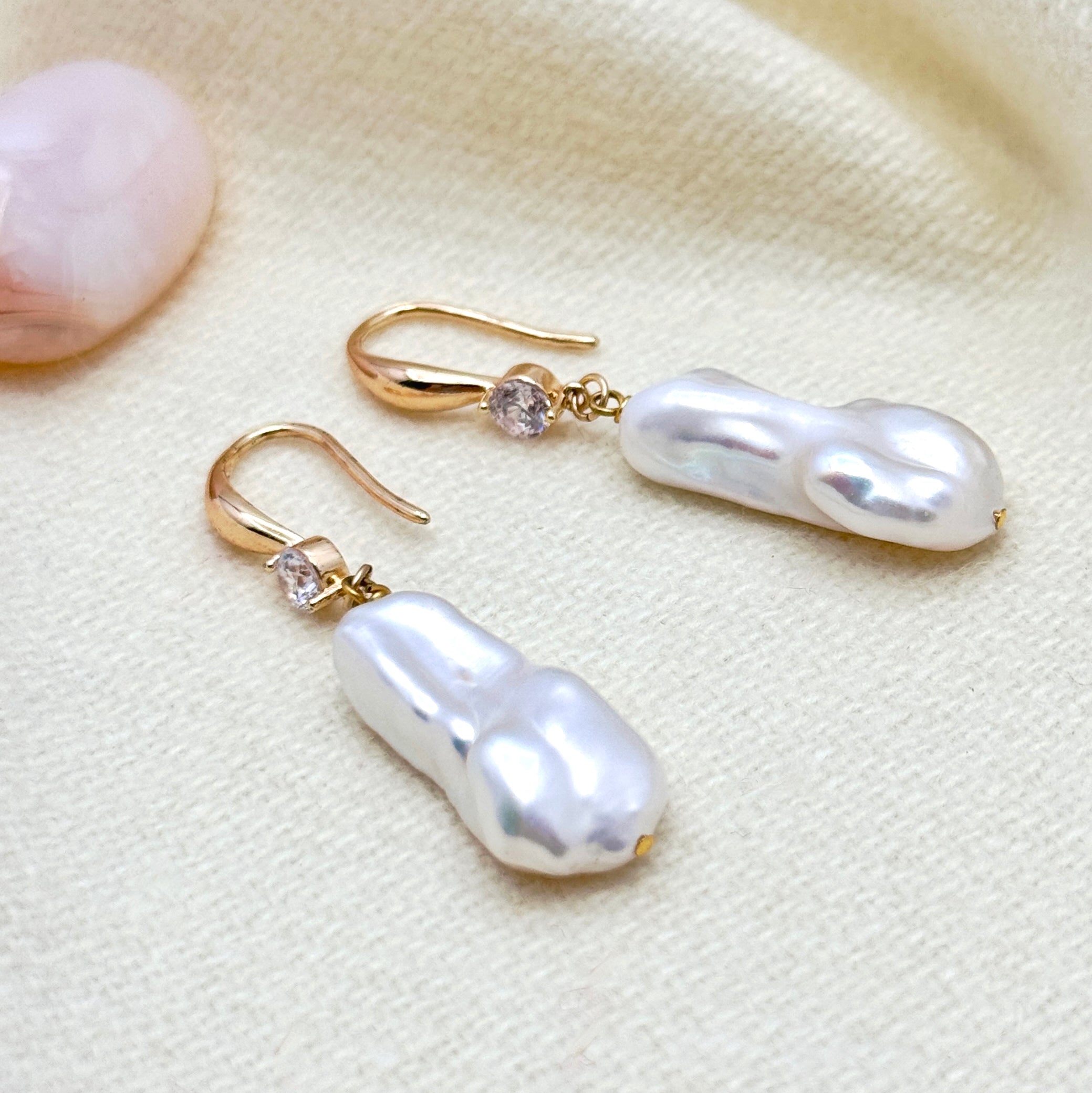 White Baroque Pearl CZ Drop Earrings