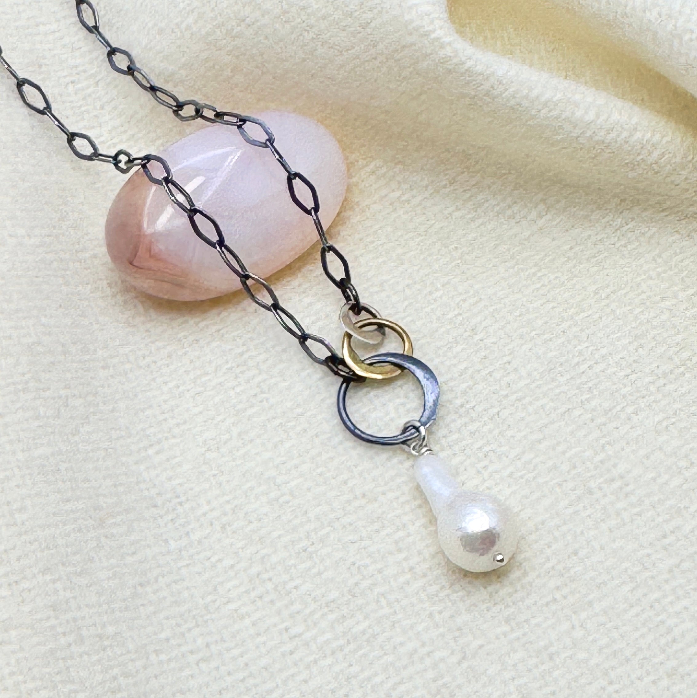 White Fireball Pearl Oxidized Silver Necklace