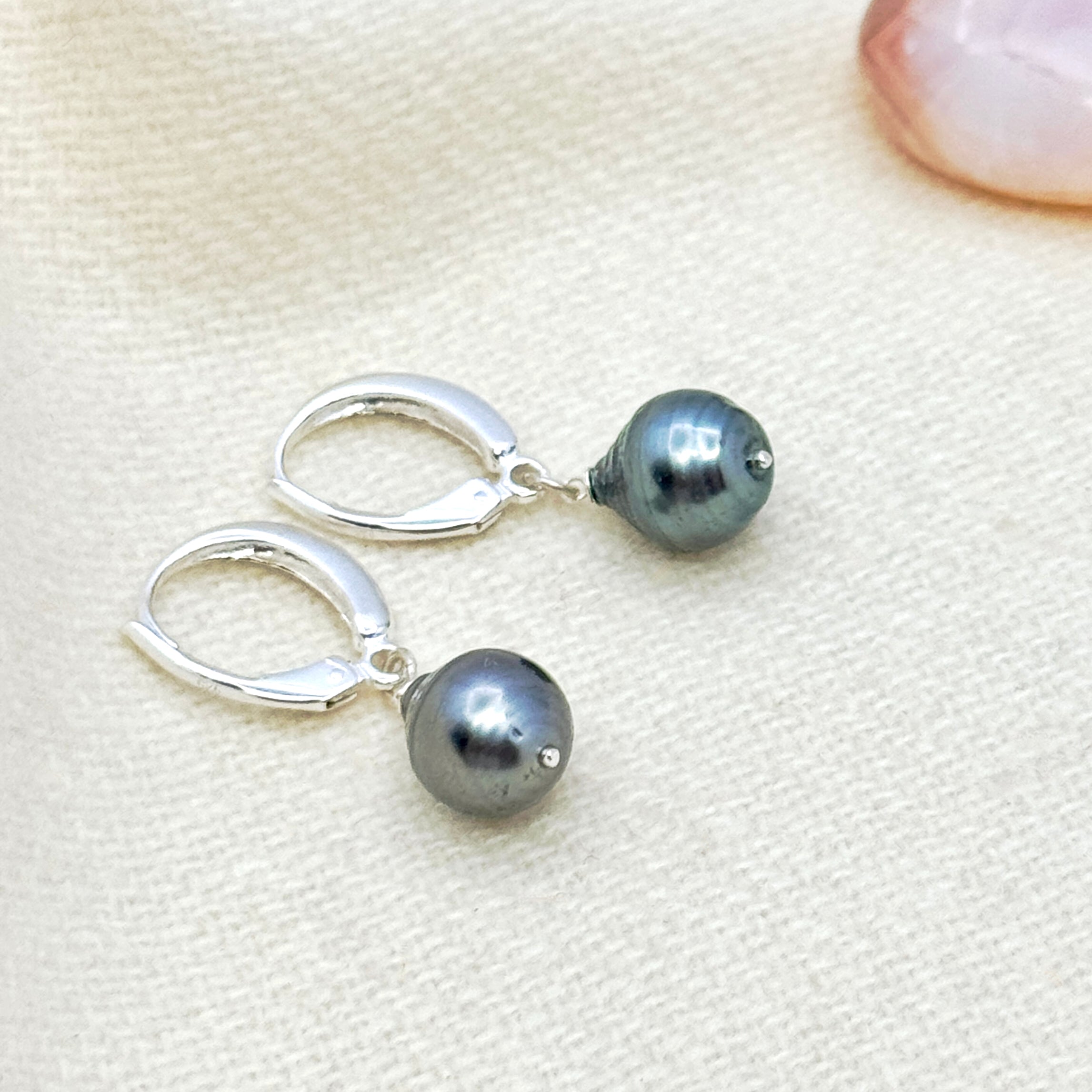 Tahitian Pearl Leverback Silver Earrings