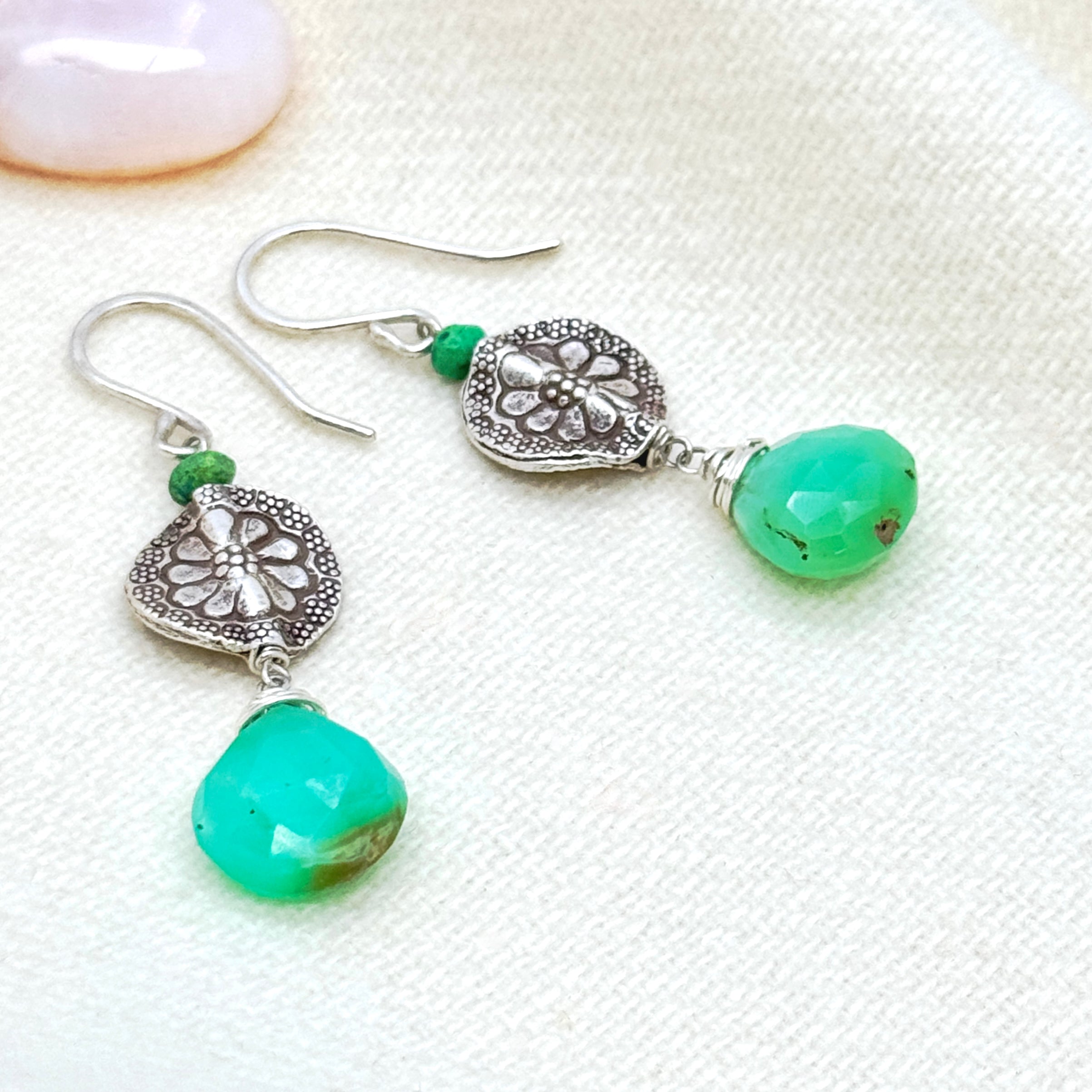 Thai Silver Flower & Chrysoprase Earrings
