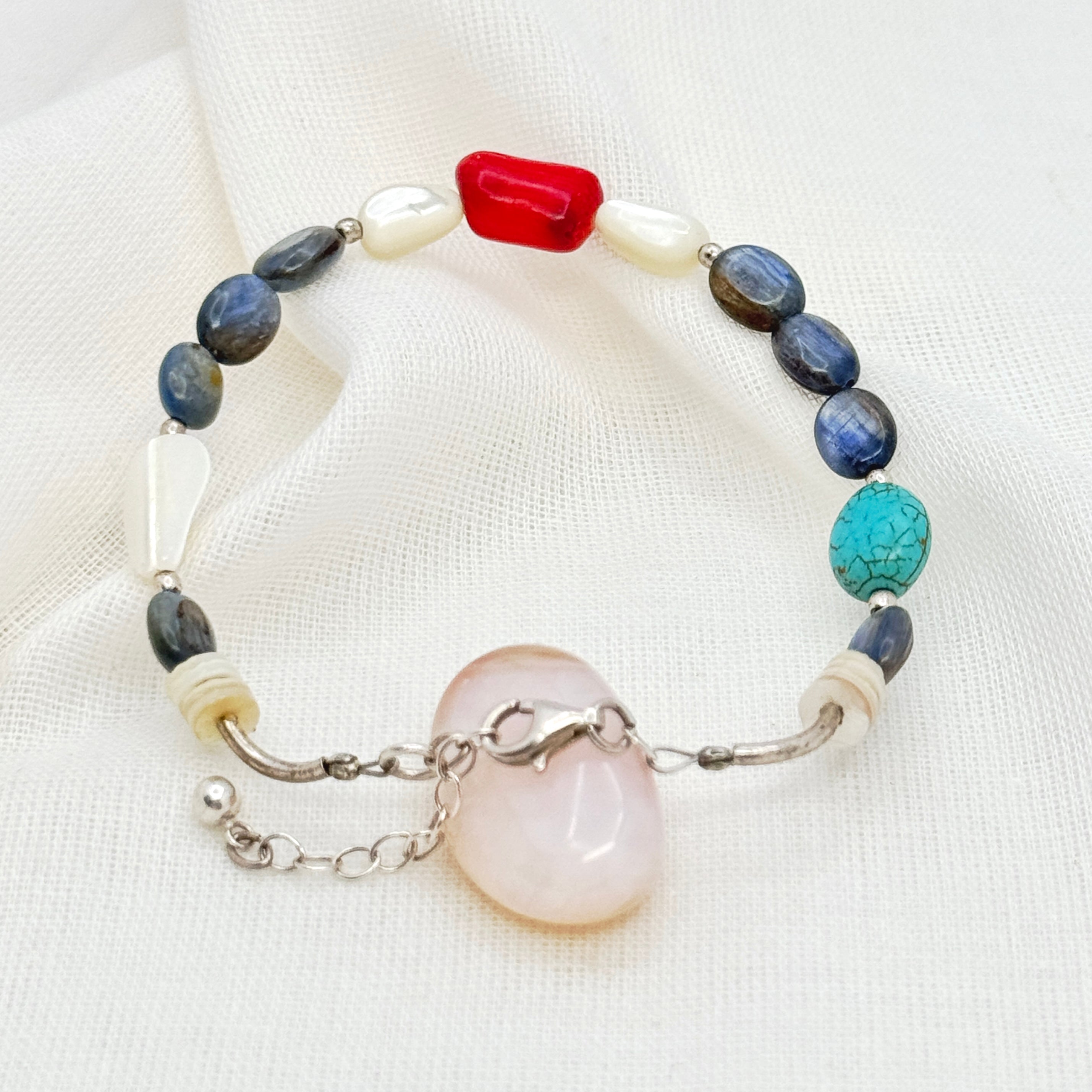 Red Coral & Kyanite Sterling Silver Bracelet