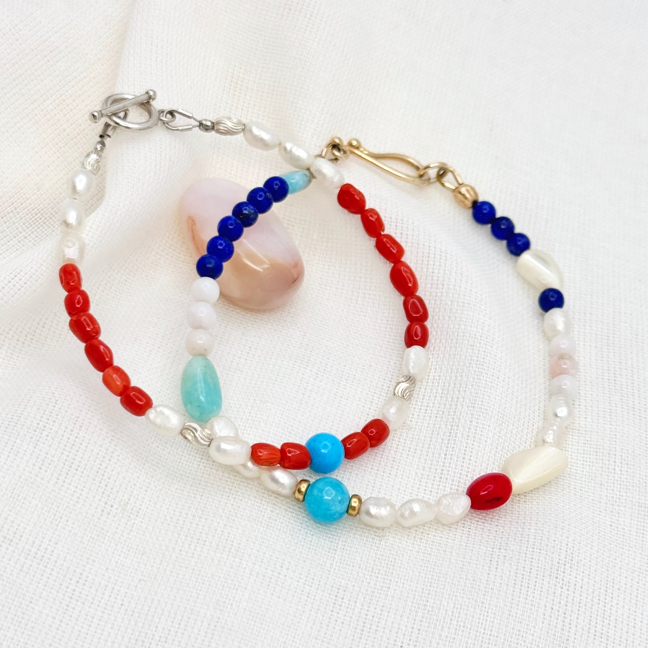 Turquoise, Coral & Pearl 925 Silver Bracelet