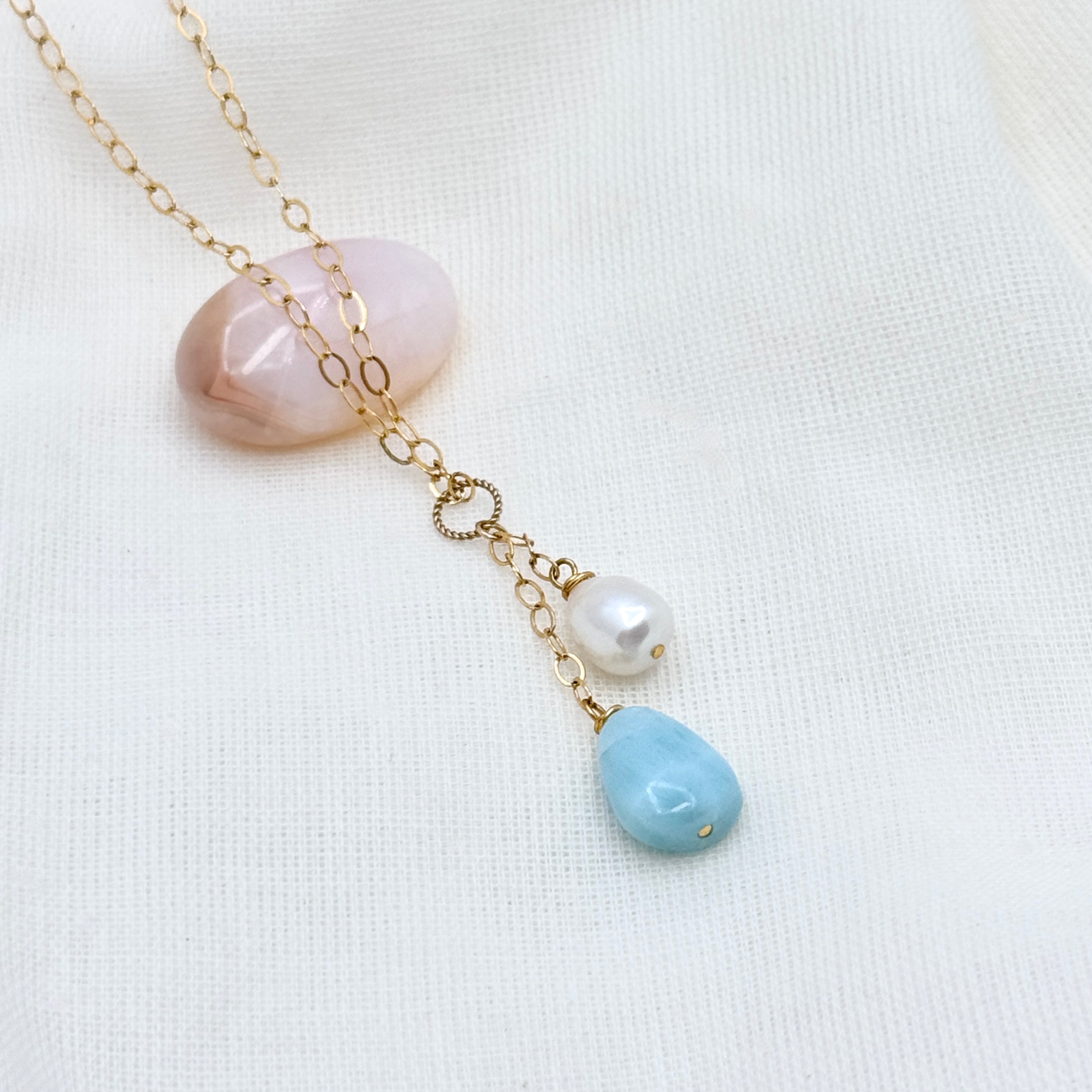Larimar and Pearl Gold Y Necklace with Charms