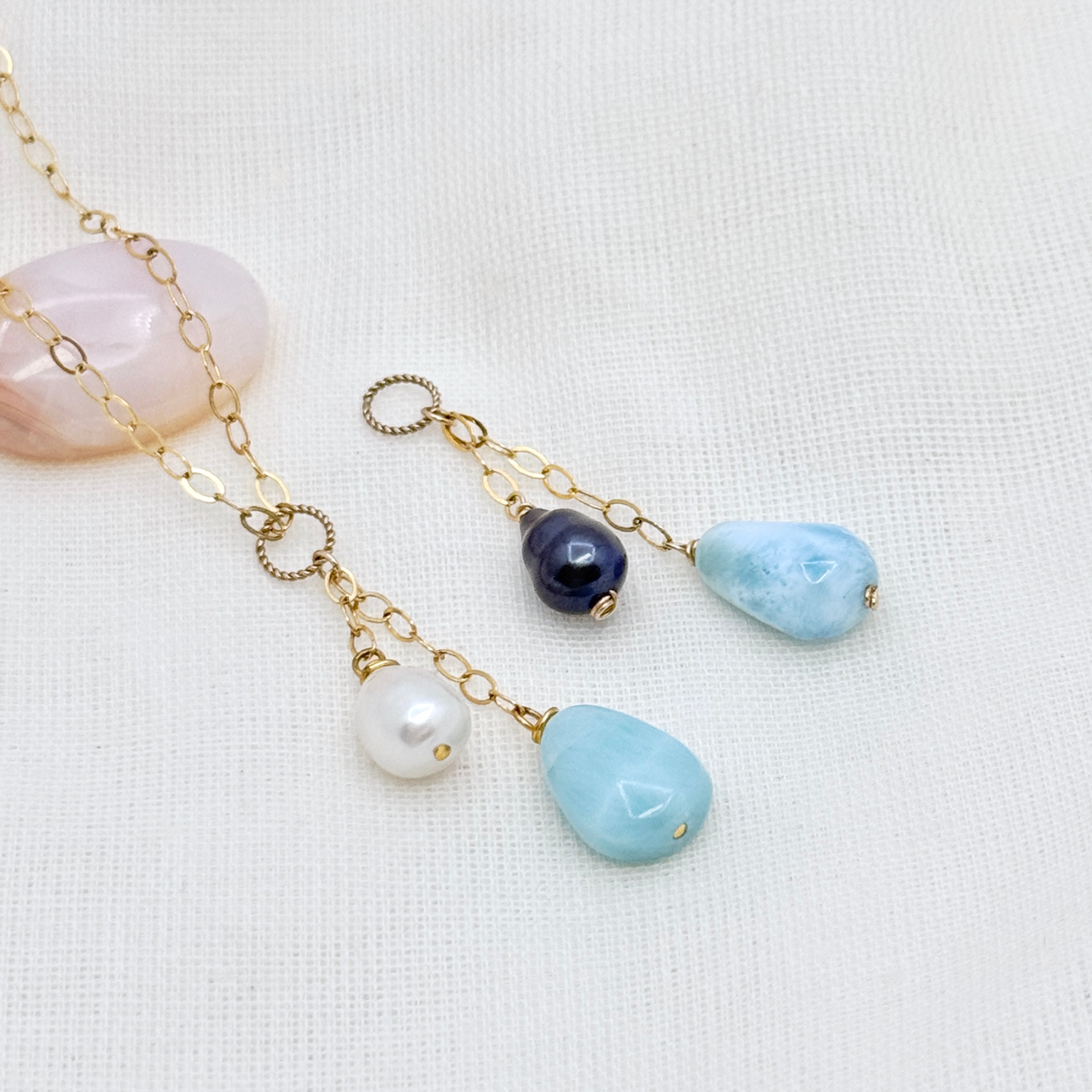 Larimar and Pearl Gold Y Necklace with Charms