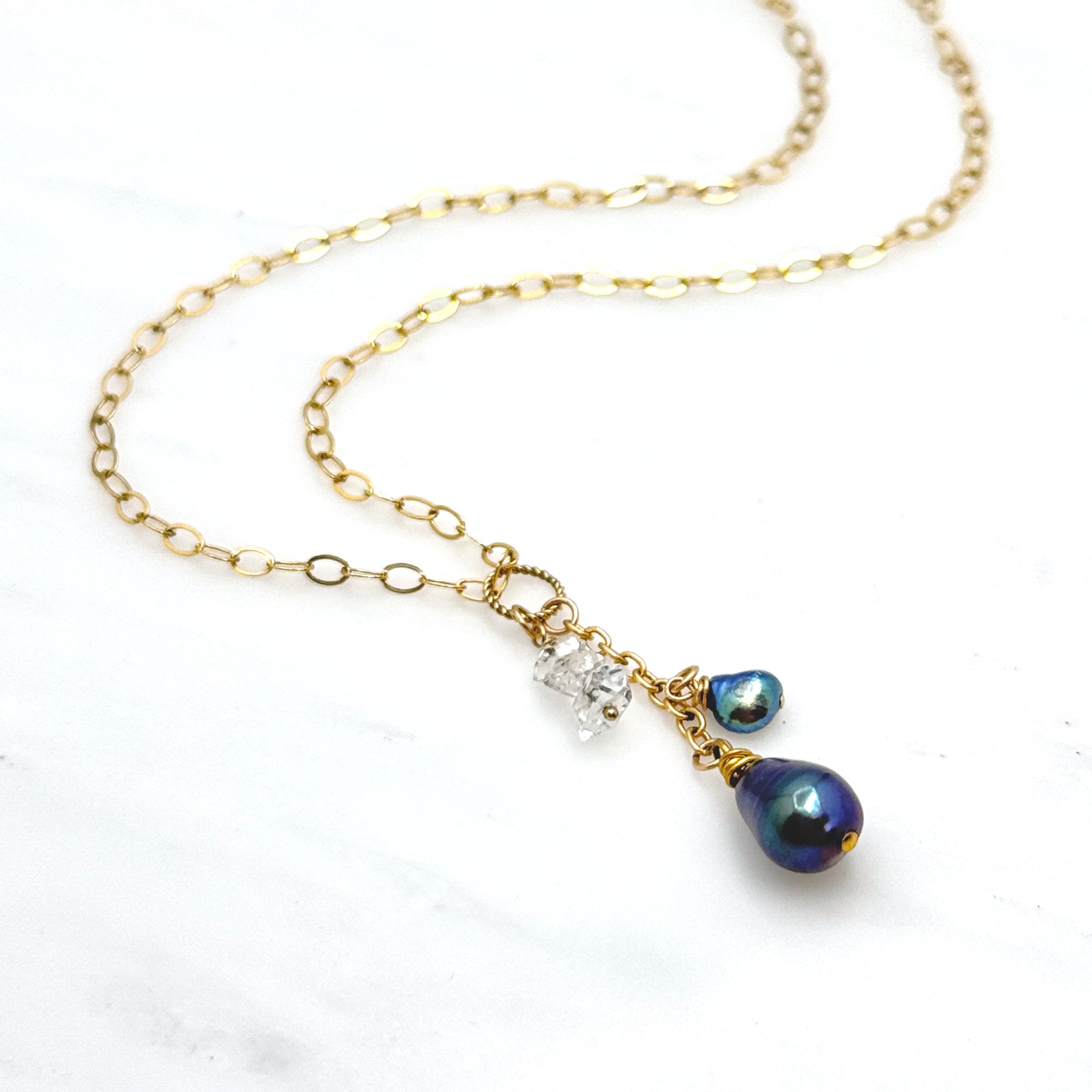 Peacock Pearl & Herkimer Diamond Y Necklace