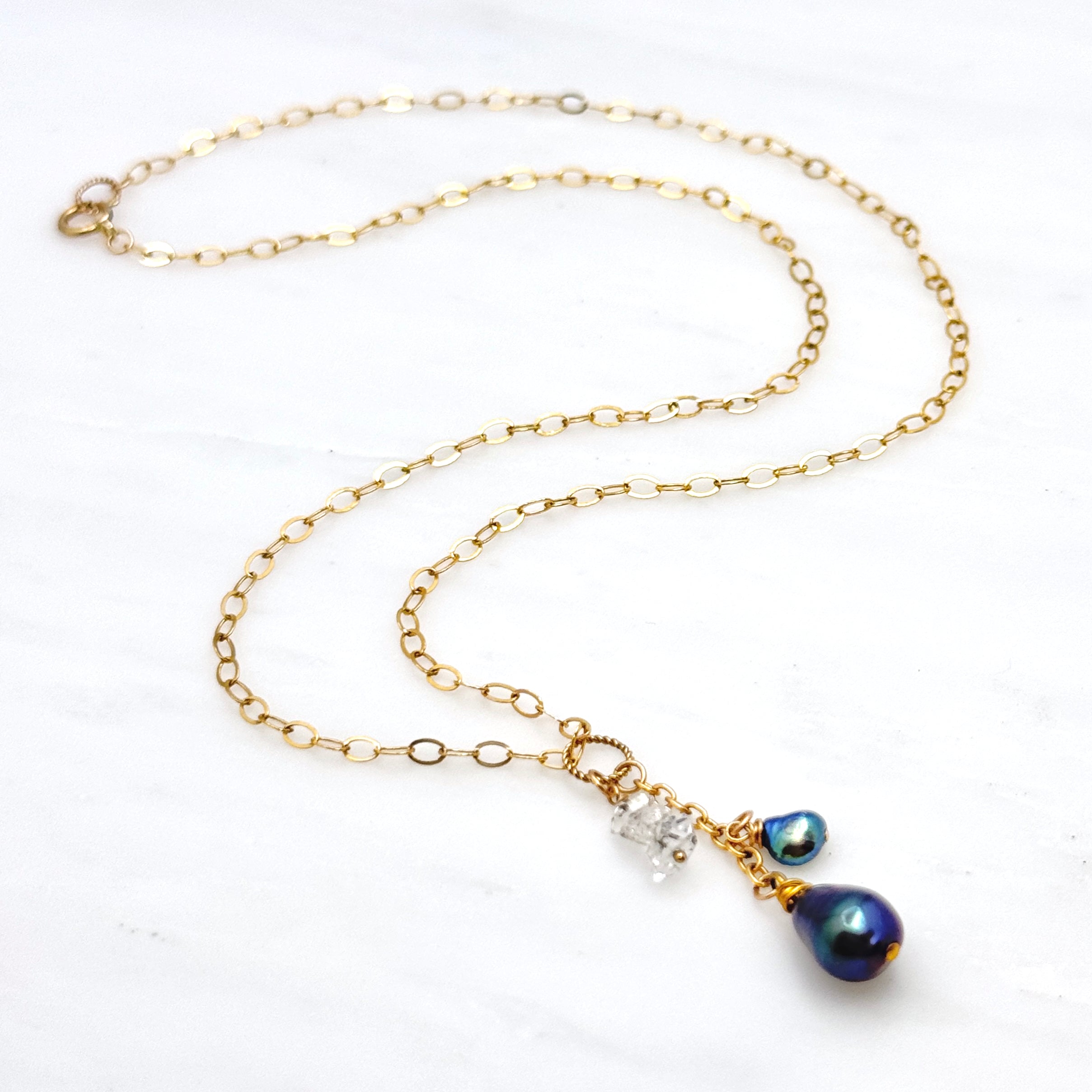 Peacock Pearl & Herkimer Diamond Y Necklace