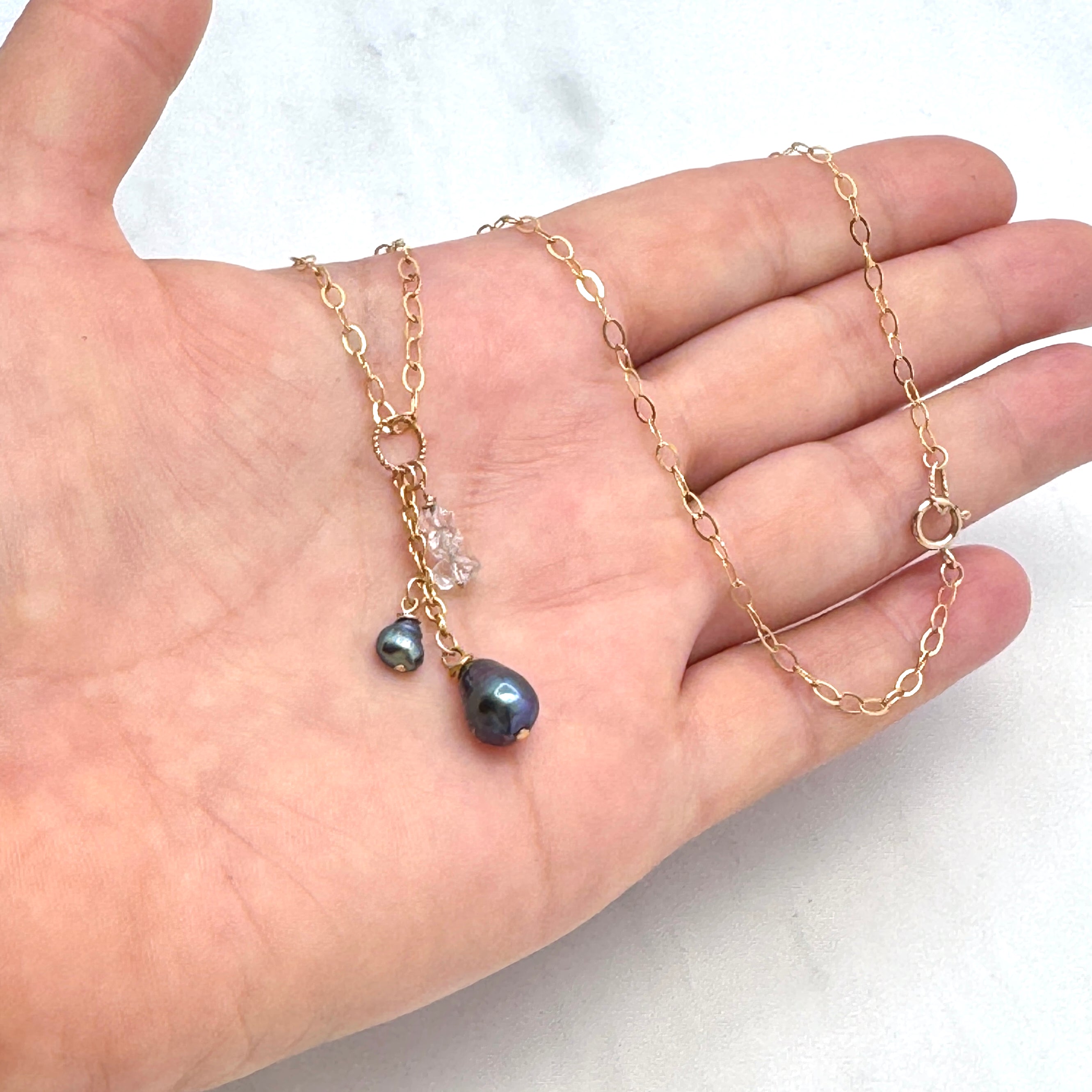 Peacock Pearl & Herkimer Diamond Y Necklace