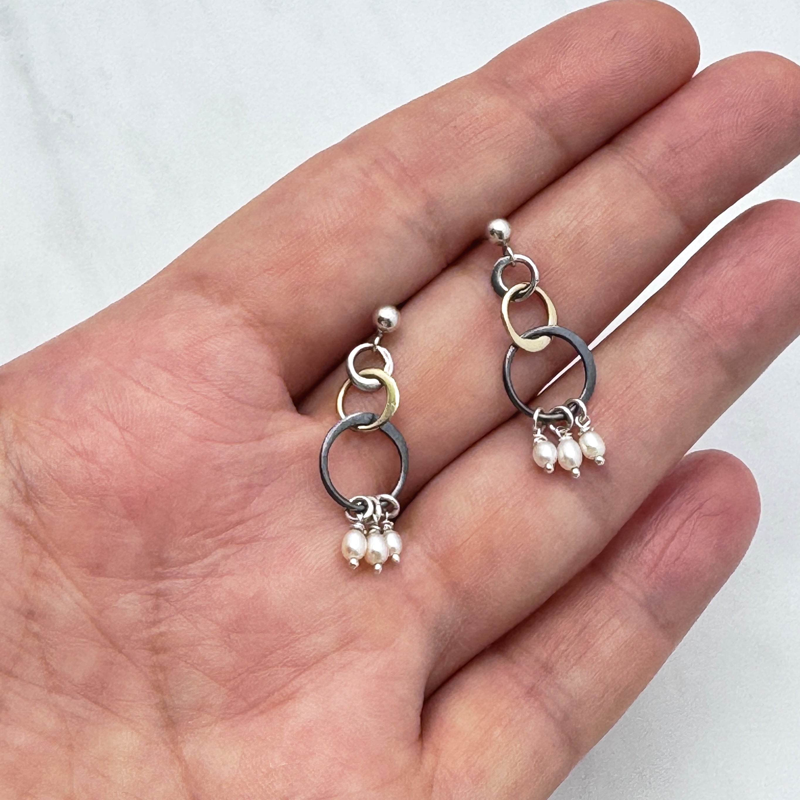 Tiny White Pearl Mixed Metal Drop Earrings