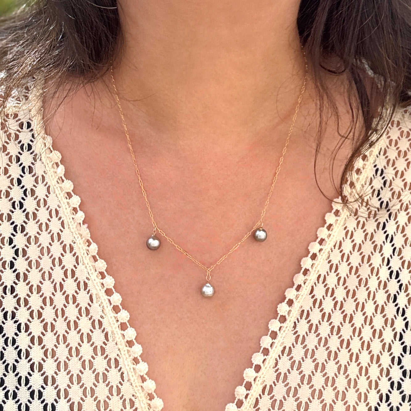 Tahitian Pearl Trio Drop Gold-Filled Necklace