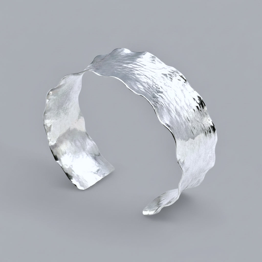 Wide Ruffled Hammered Sterling Silver Cuff
