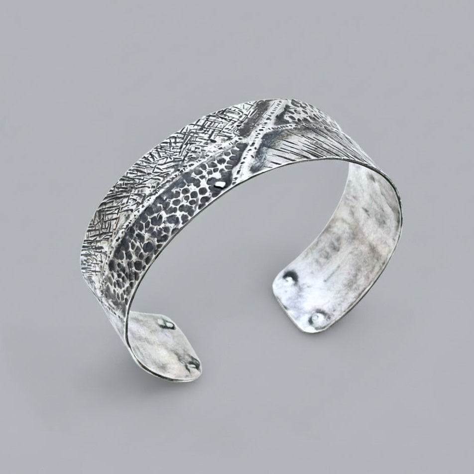 Wide Oxidized Textured Silver Cuff Bracelet
