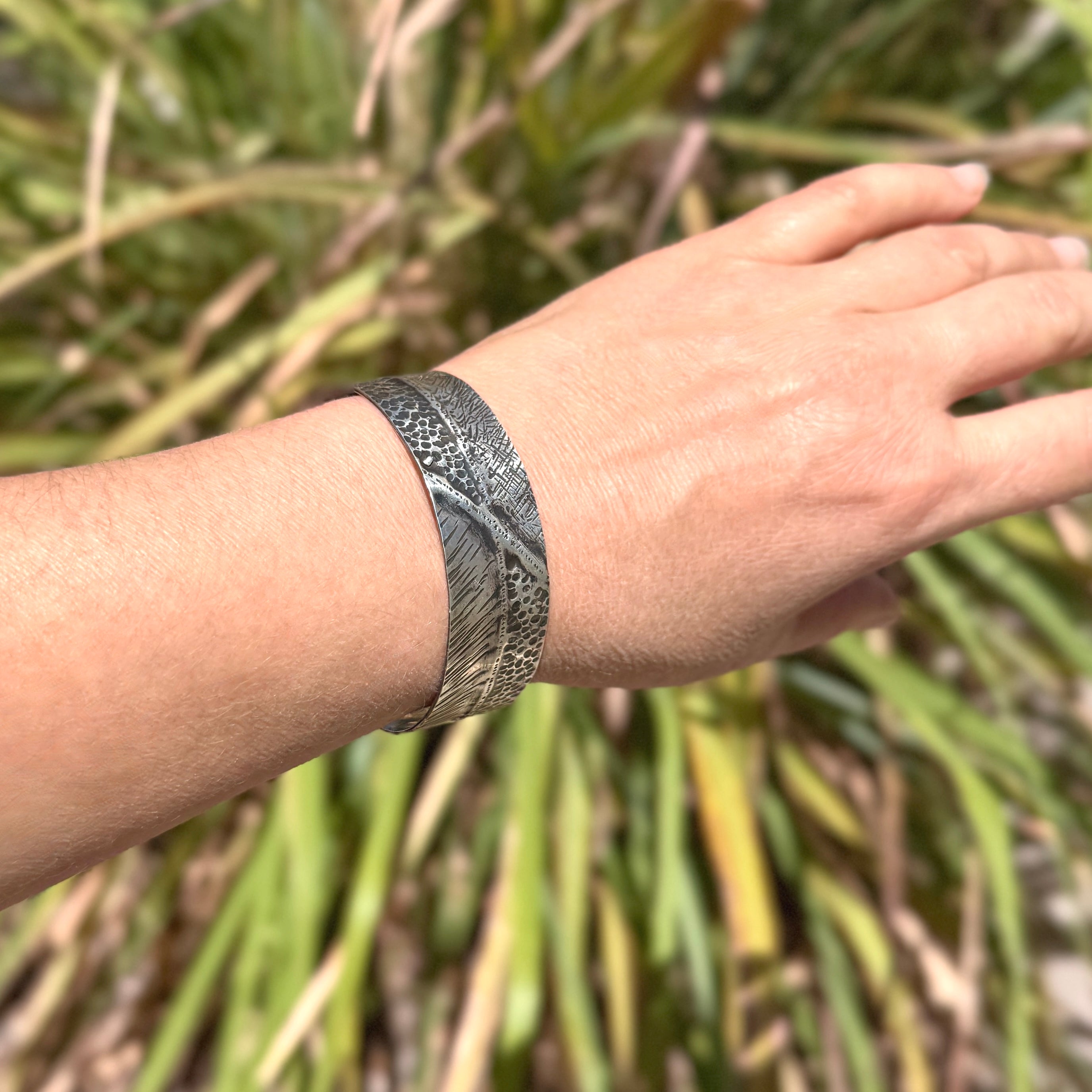 Wide Oxidized Textured Silver Cuff Bracelet