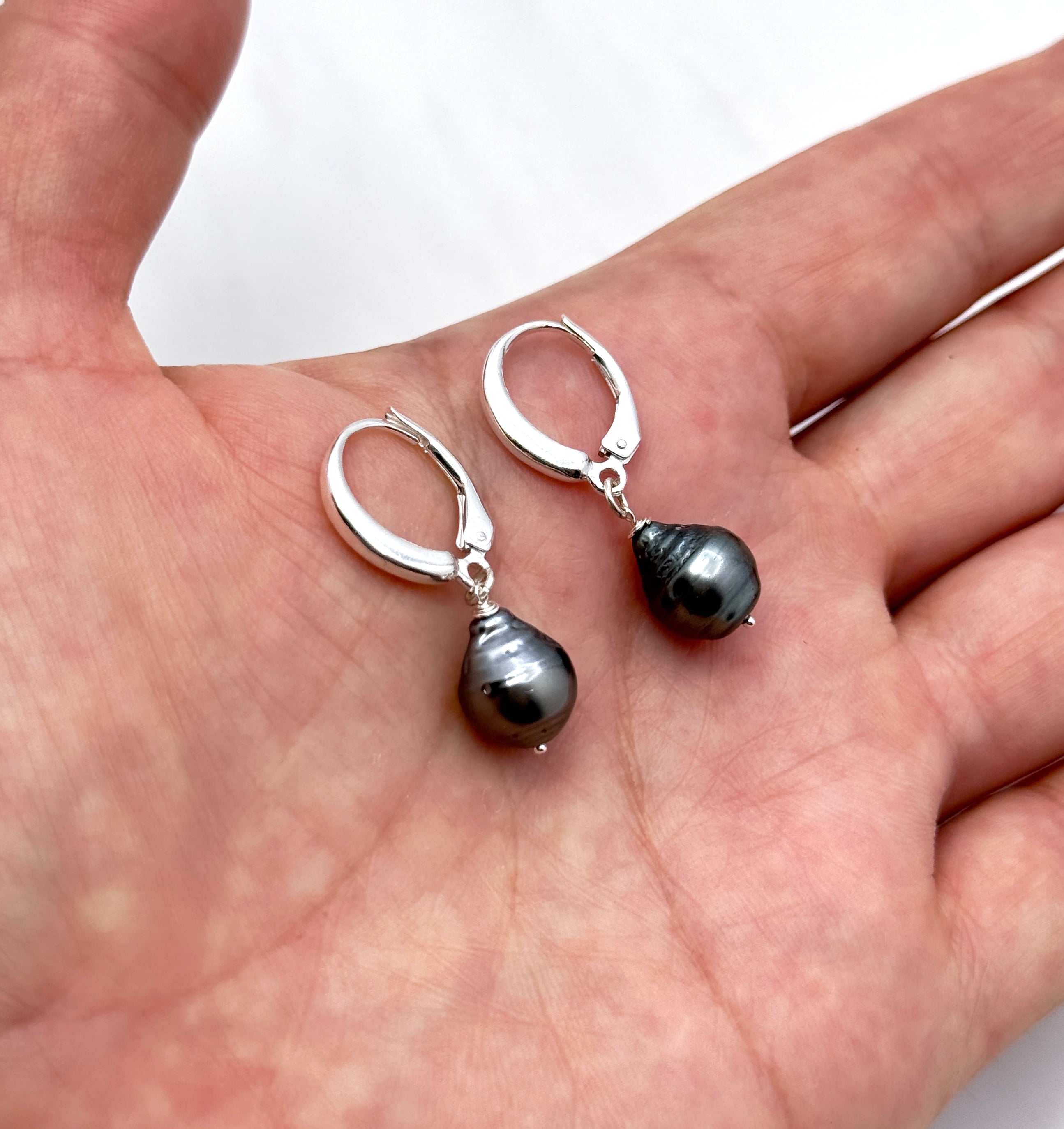Tahitian Pearl Leverback Silver Earrings