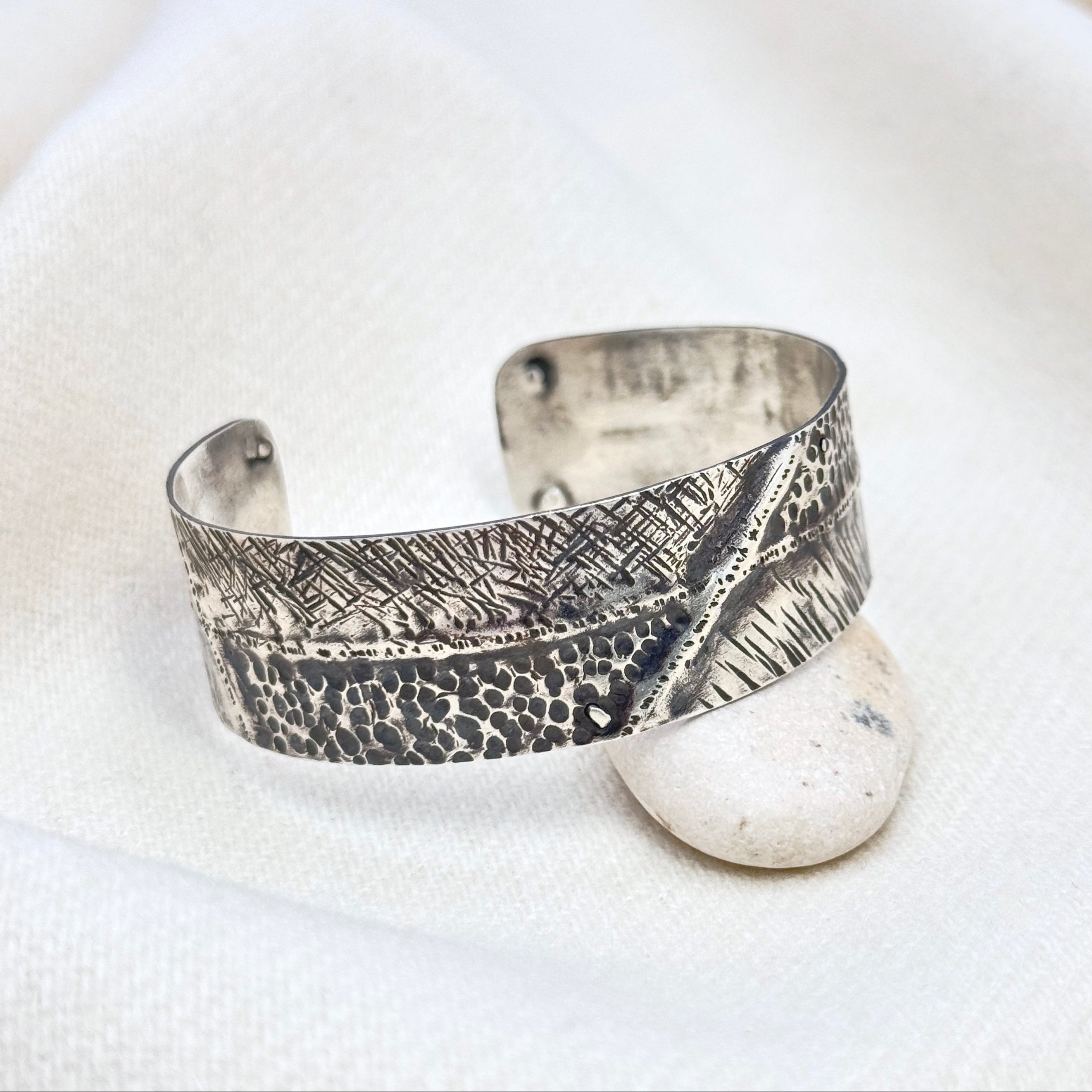 Wide Oxidized Textured Silver Cuff Bracelet