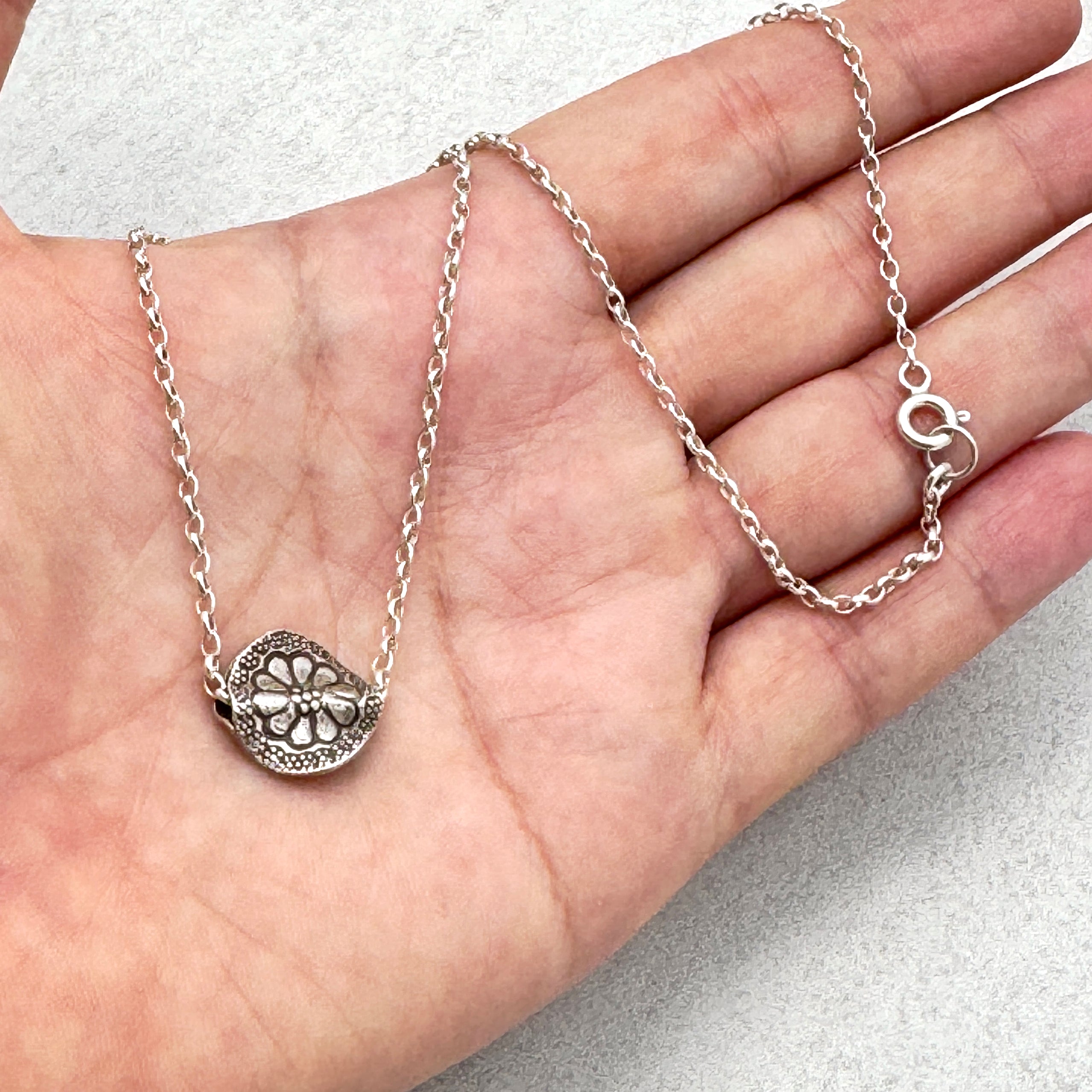 Thai Silver Flower Pendant On Rolo Necklace