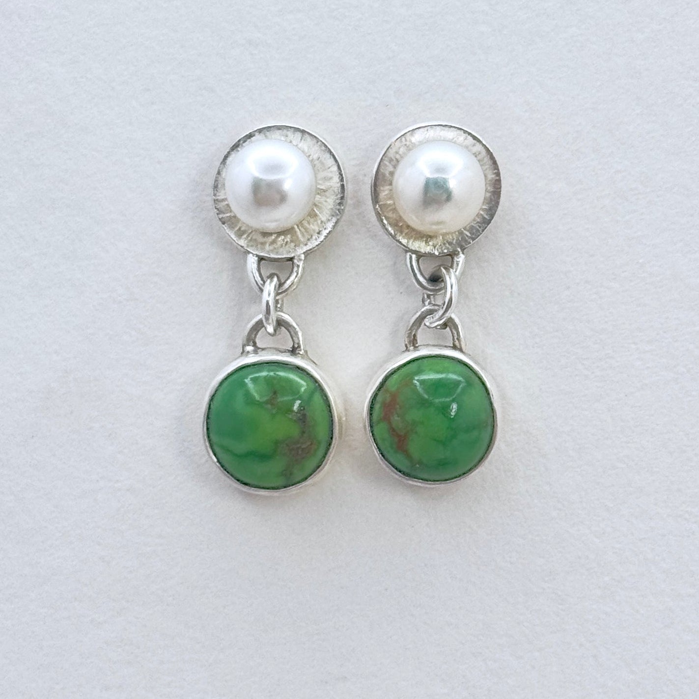 Green Turquoise & Pearl Silver Drop Earrings