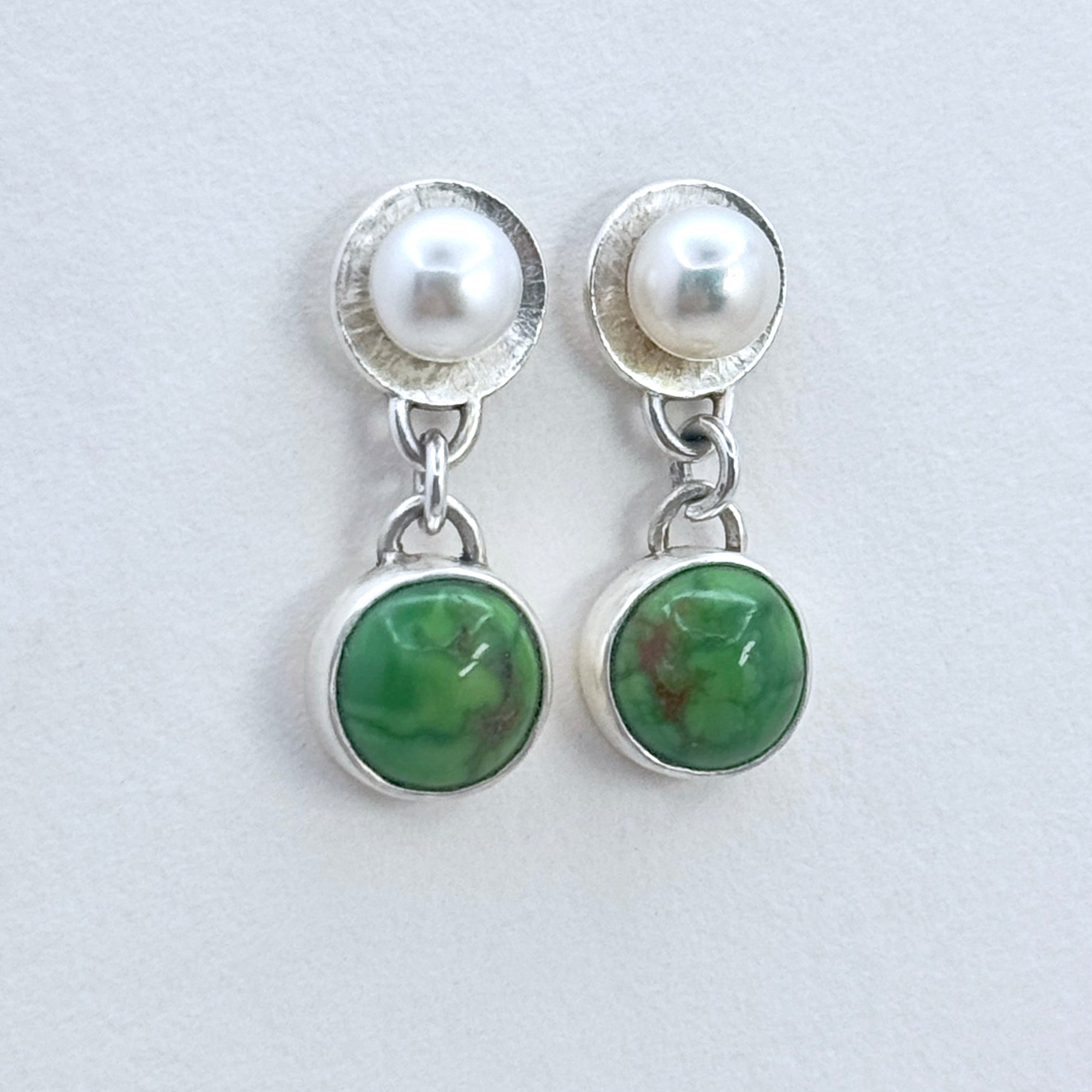 Green Turquoise & Pearl Silver Drop Earrings