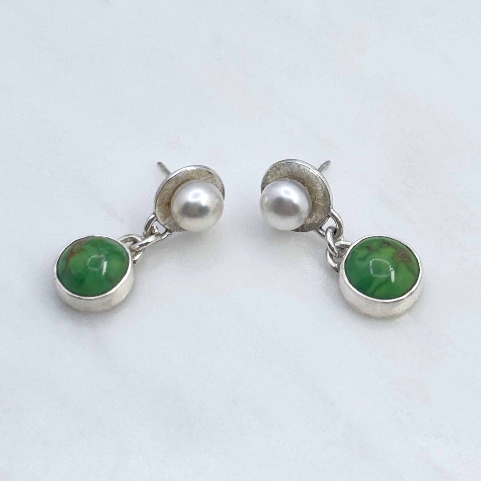Green Turquoise & Pearl Silver Drop Earrings