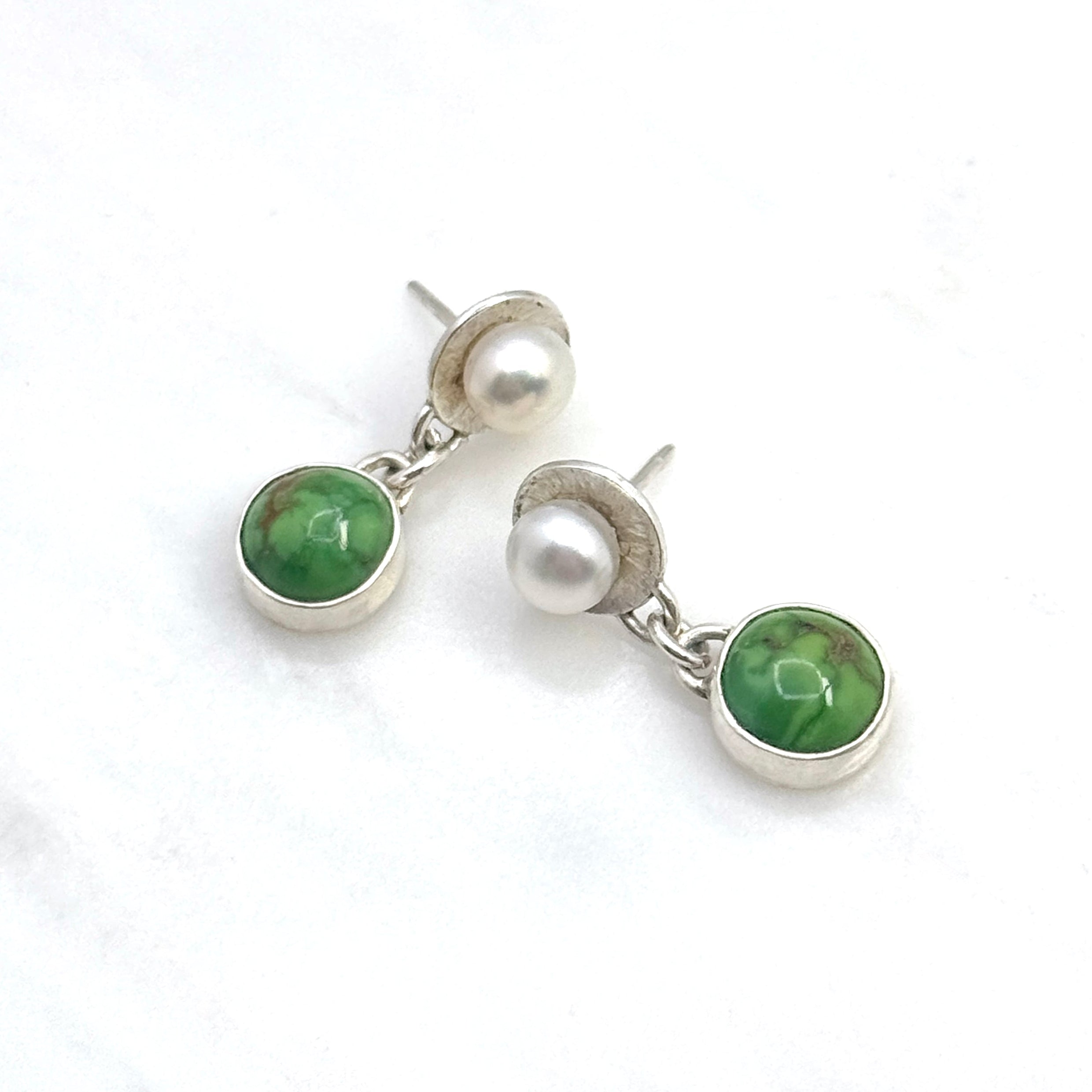 Green Turquoise & Pearl Silver Drop Earrings