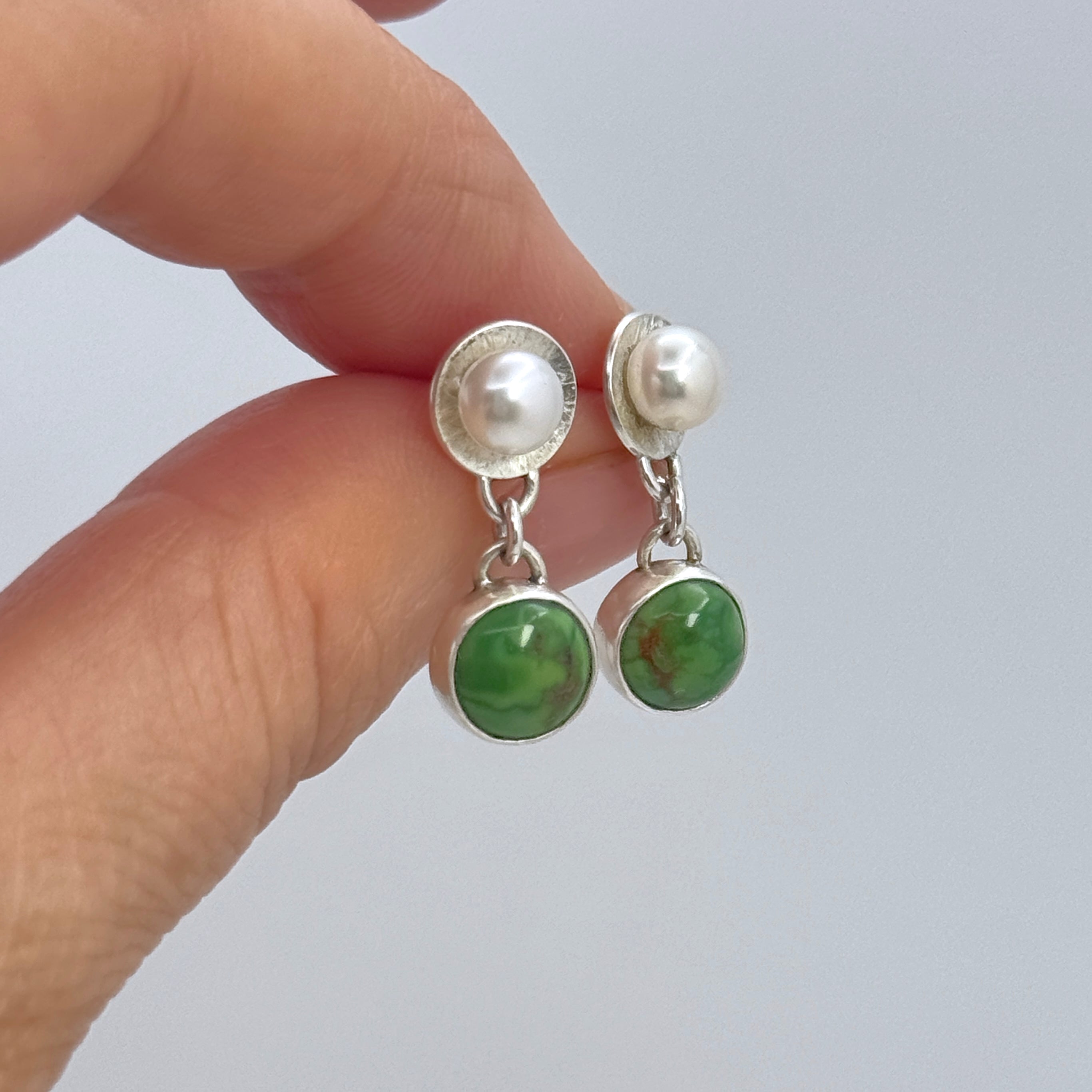 Green Turquoise & Pearl Silver Drop Earrings