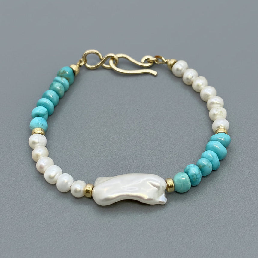 Real Turquoise & White Baroque Pearl Bracelet