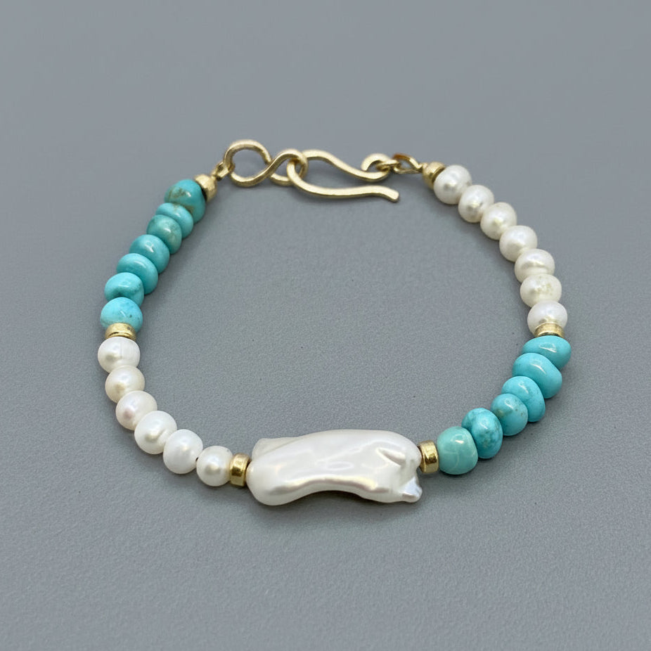 Real Turquoise & White Baroque Pearl Bracelet