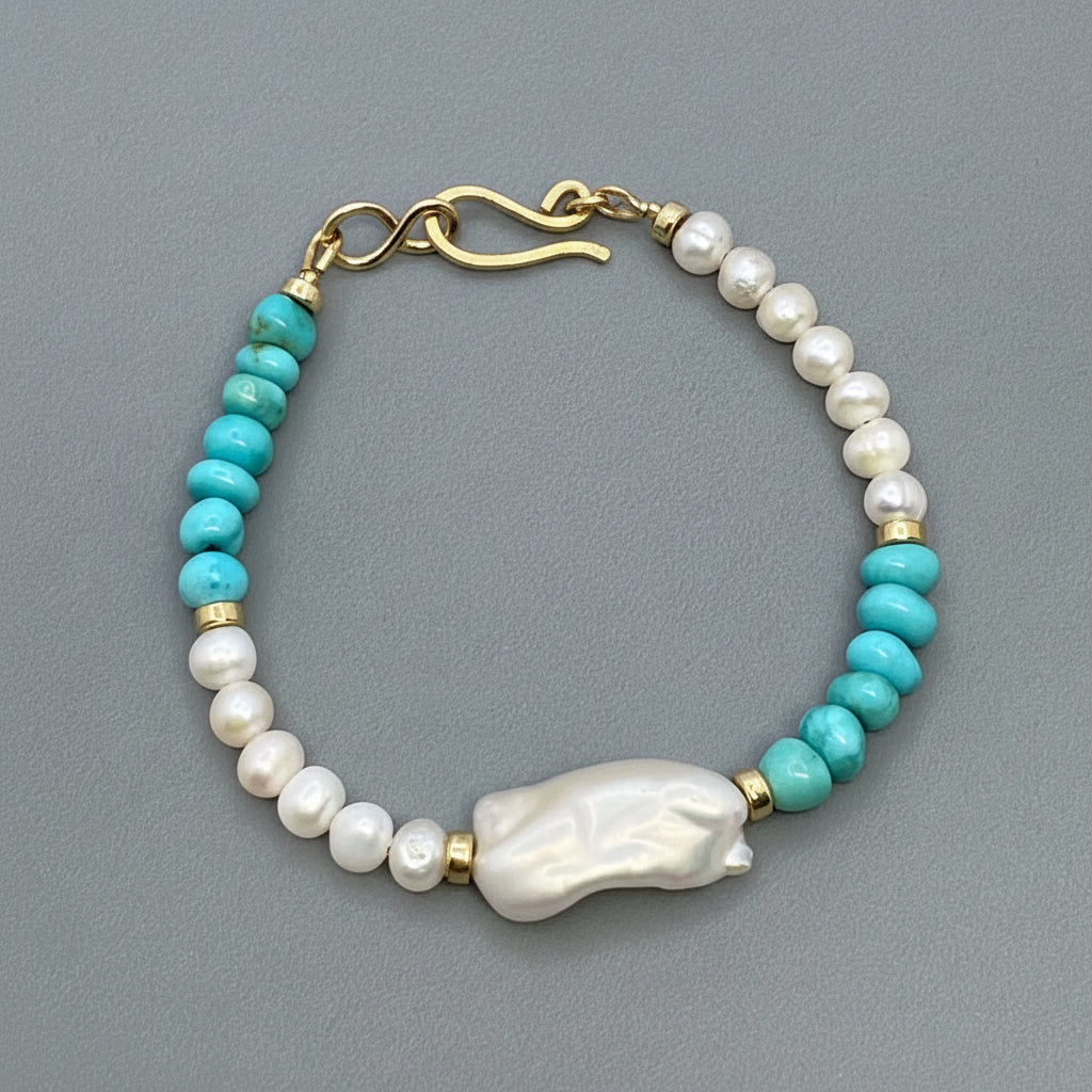 Real Turquoise & White Baroque Pearl Bracelet