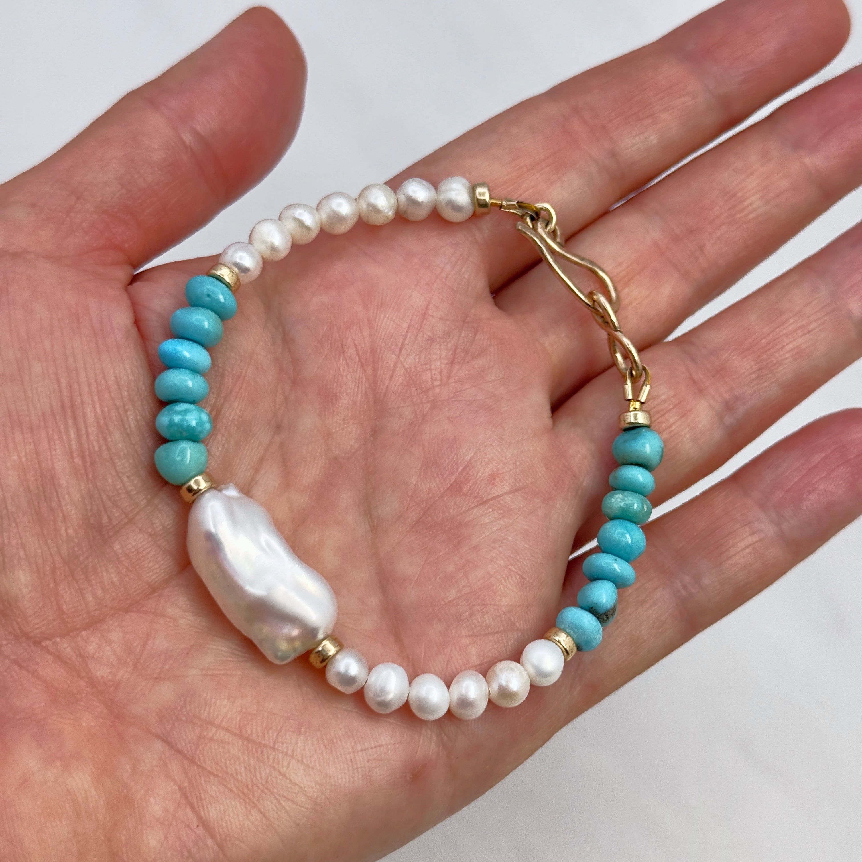 Real Turquoise & White Baroque Pearl Bracelet