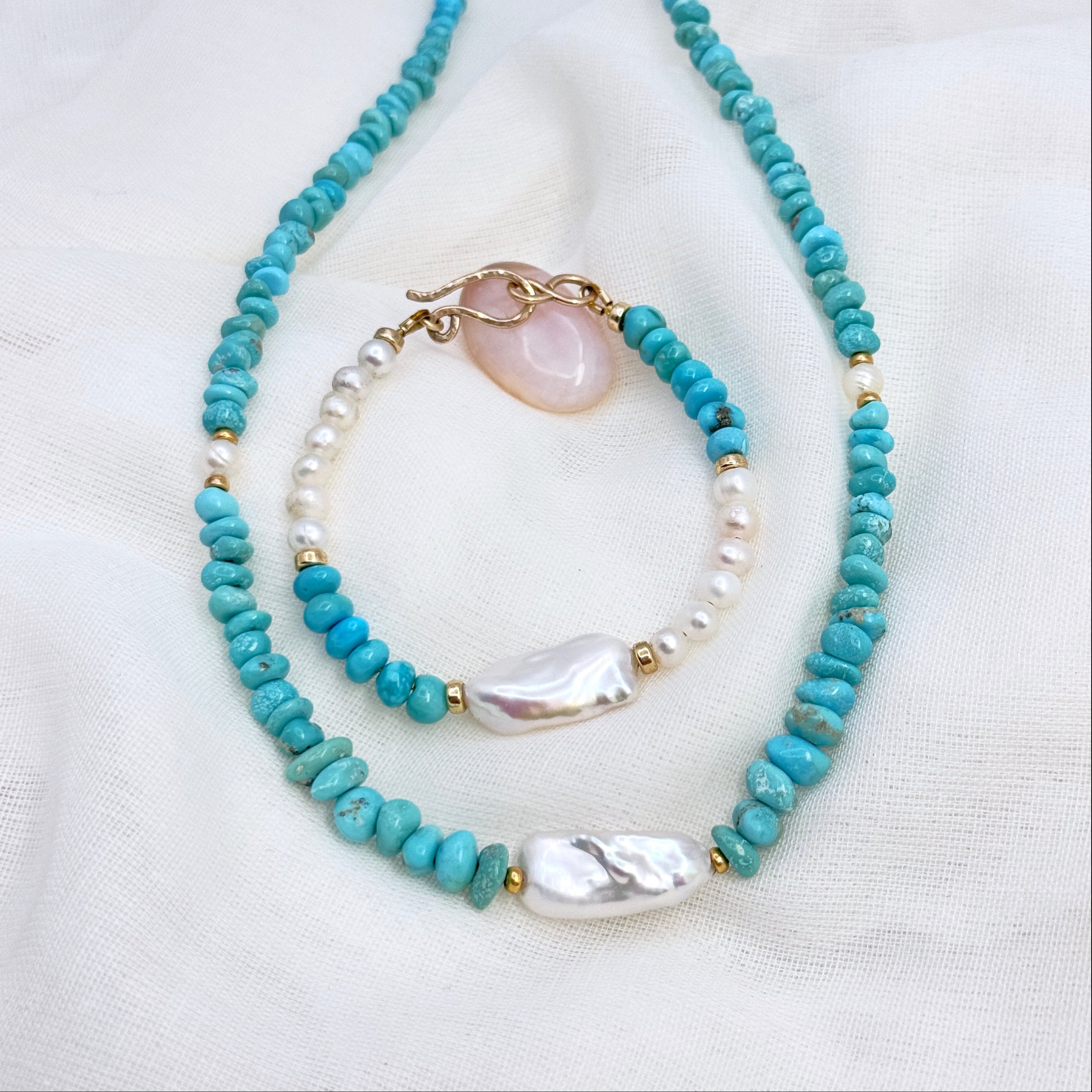 Real Turquoise & White Baroque Pearl Bracelet