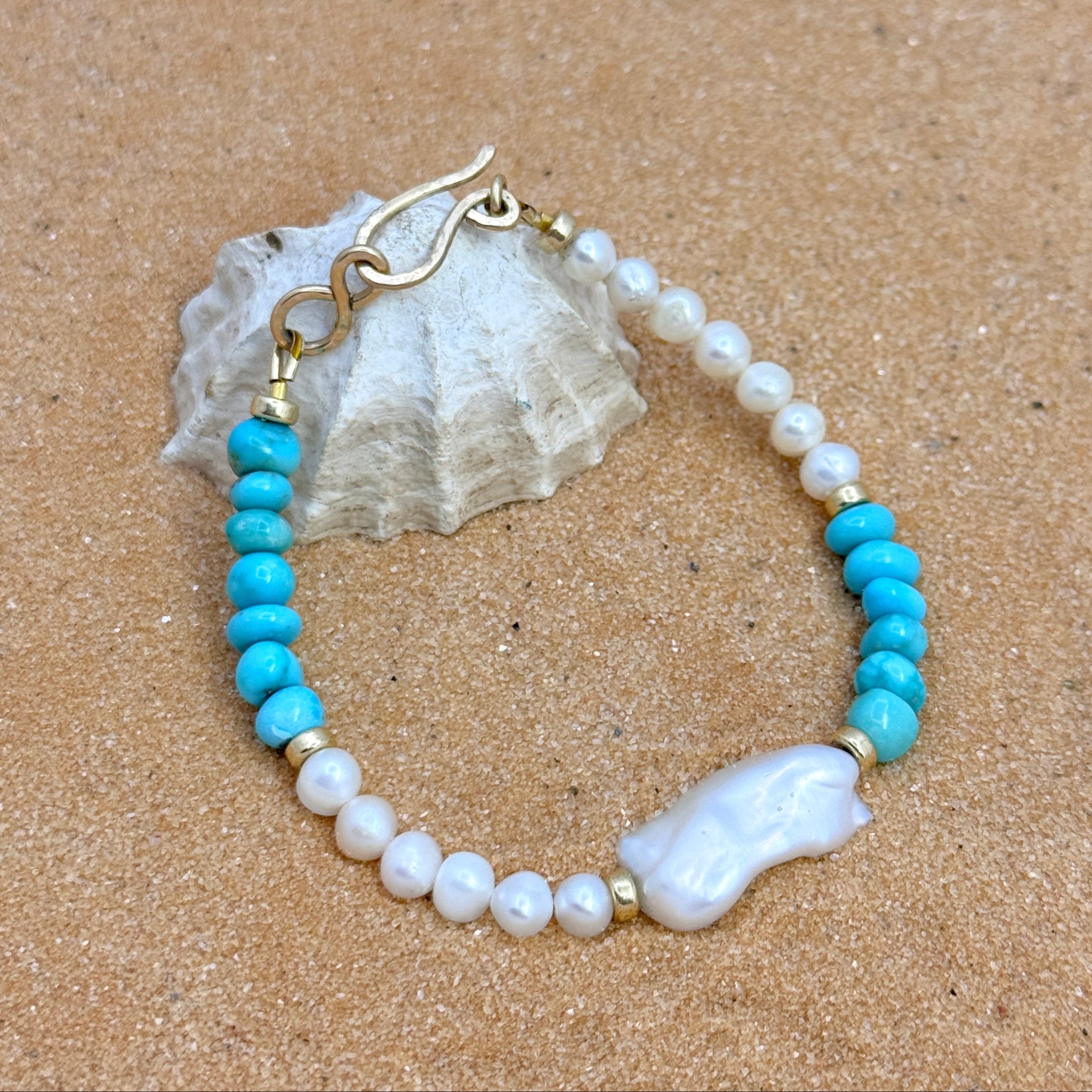 Real Turquoise & White Baroque Pearl Bracelet