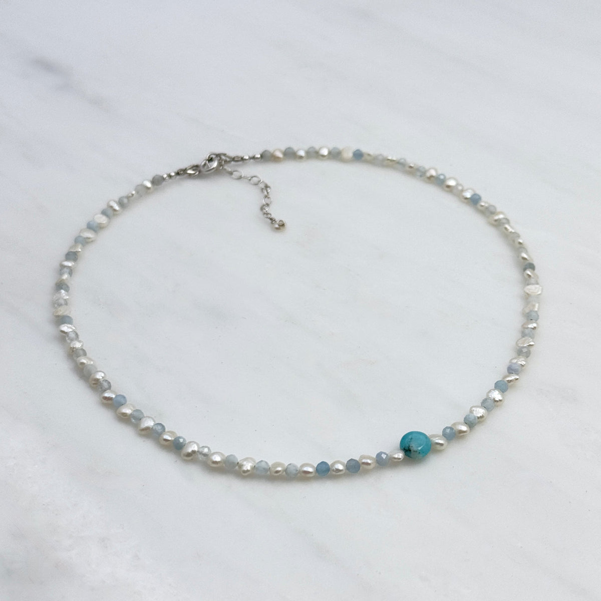 Small Freshwater Pearl & Aquamarine Choker