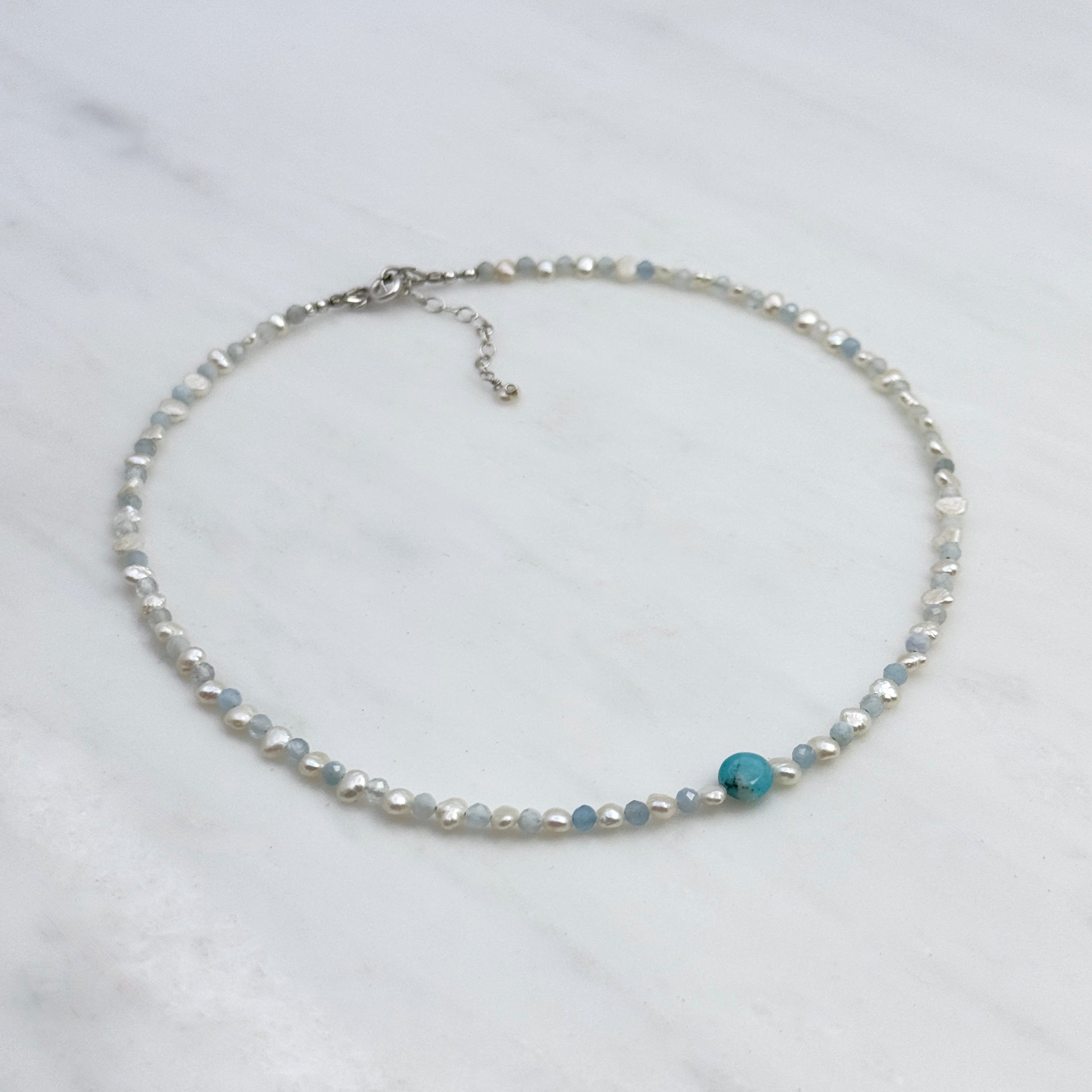 Small Freshwater Pearl & Aquamarine Choker