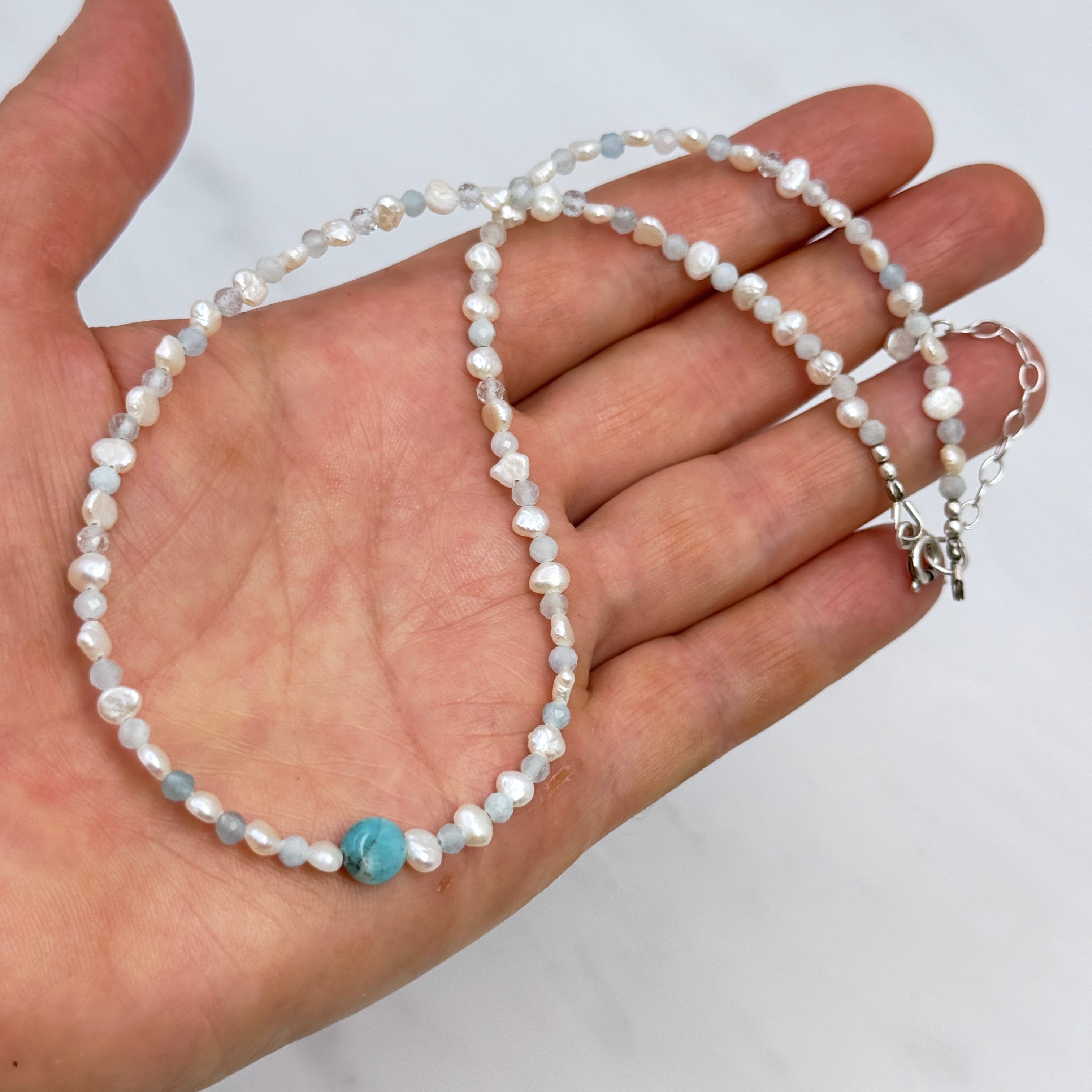Small Freshwater Pearl & Aquamarine Choker