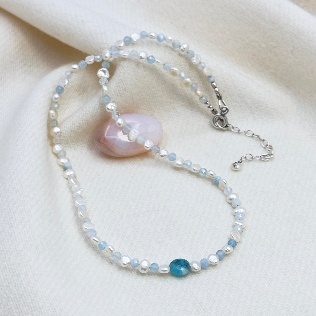 Small Freshwater Pearl & Aquamarine Choker
