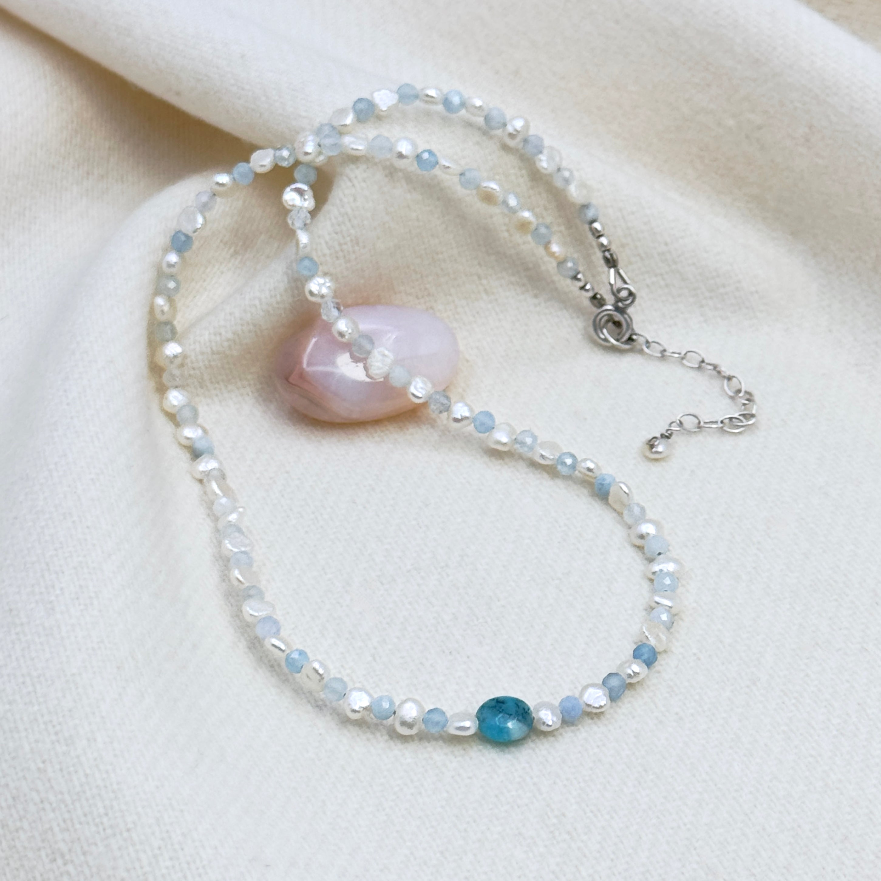 Small Freshwater Pearl & Aquamarine Choker