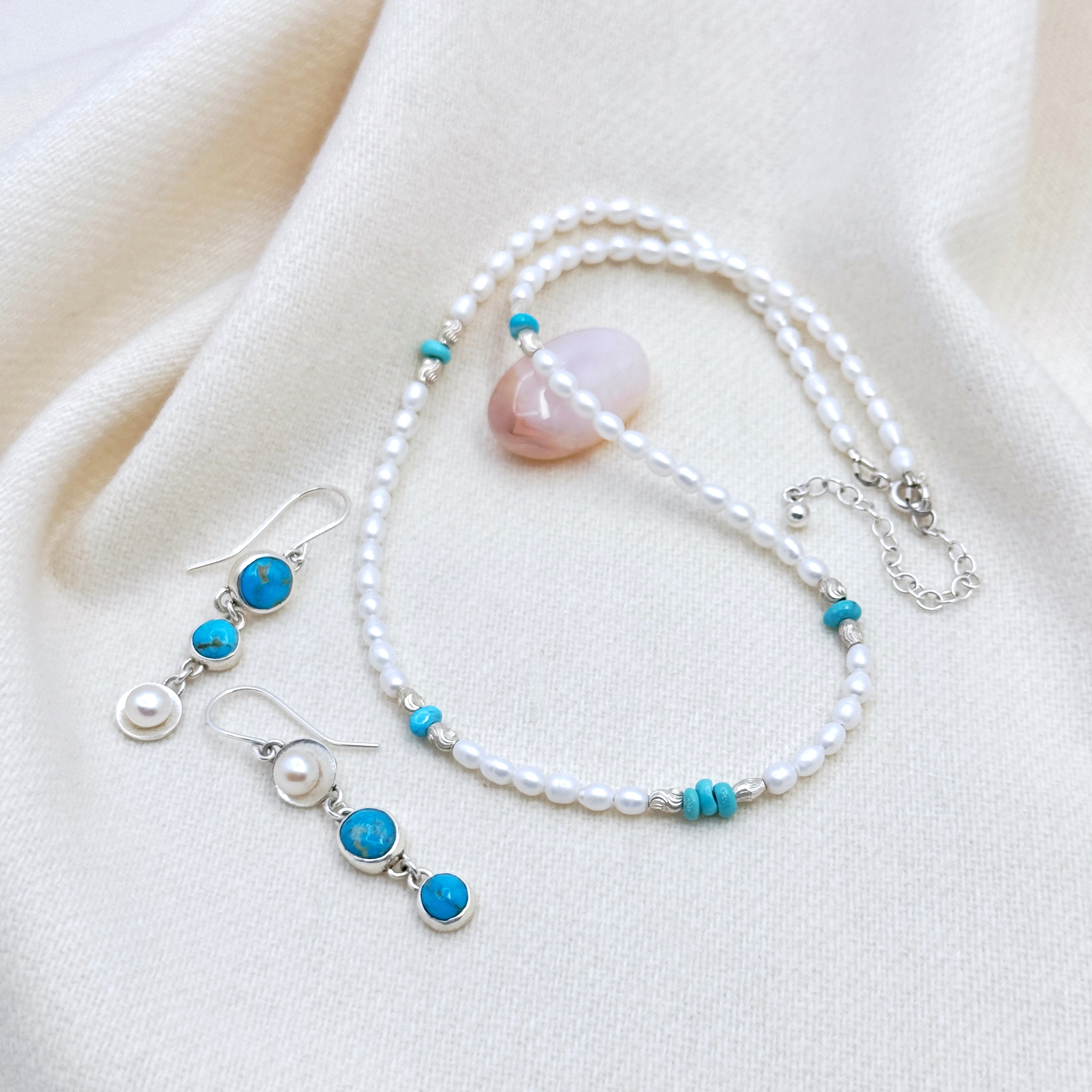 Pearl, Campitos Turquoise, & Silver Necklace