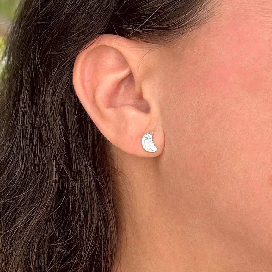 Textured Crescent Moon Silver Stud Earrings