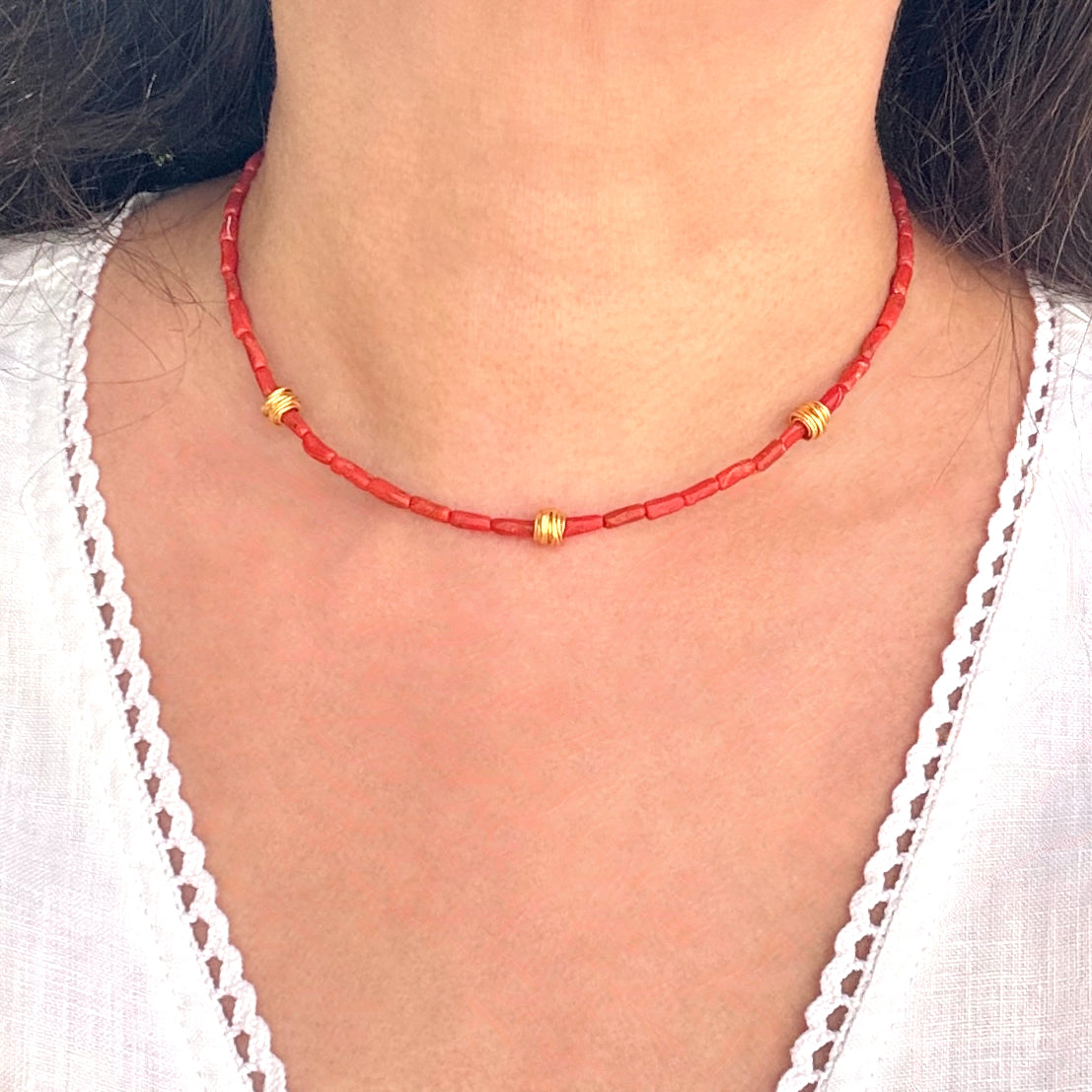 Italian Coral Necklace with Vermeil Accents