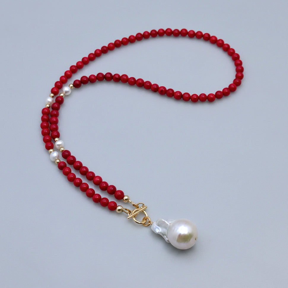 Red Coral & Baroque Pearl Toggle Necklace