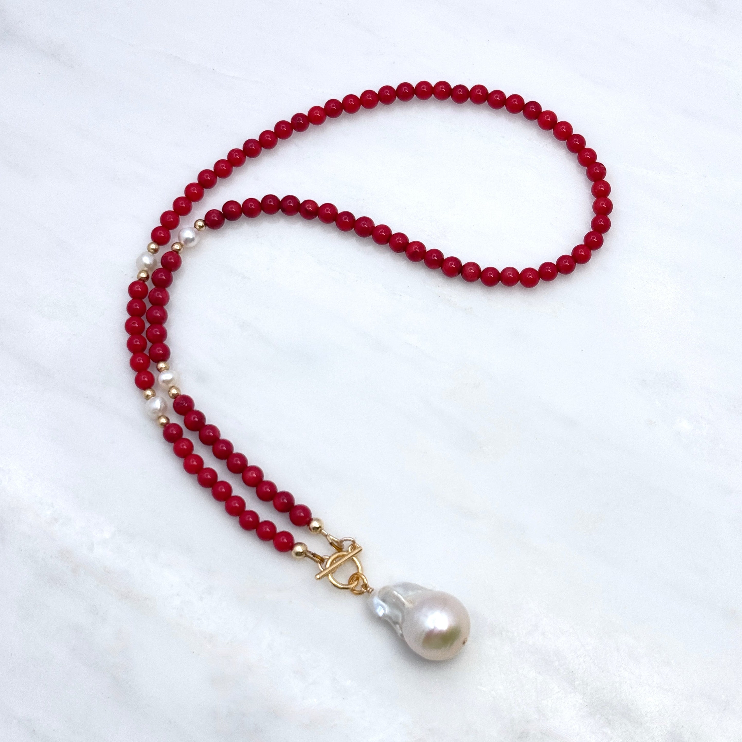 Red Coral & Baroque Pearl Toggle Necklace